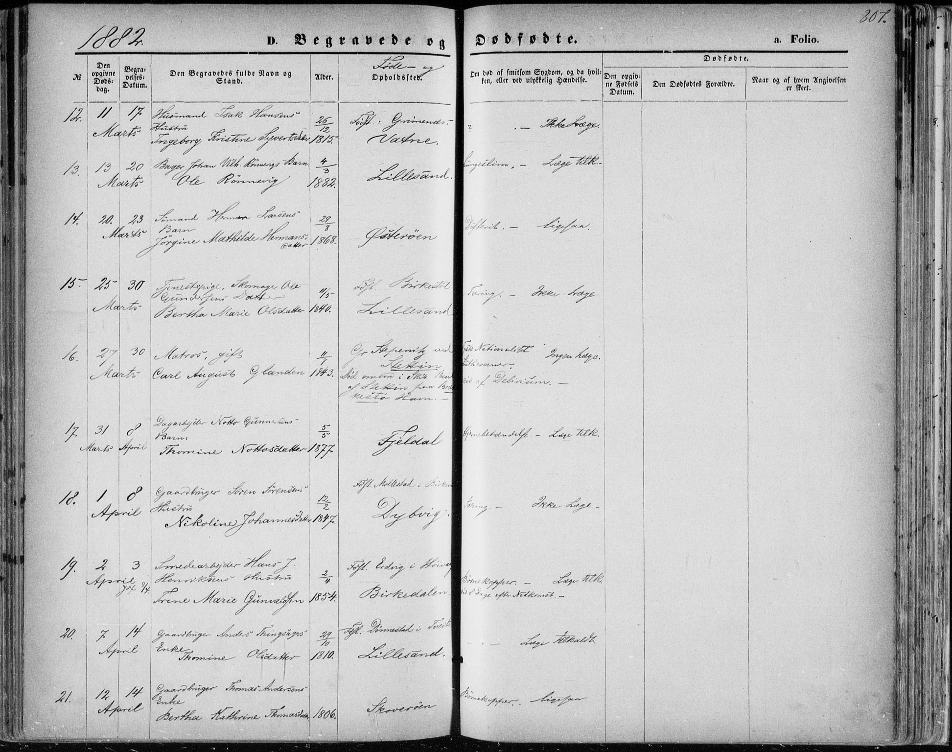 Vestre Moland sokneprestkontor, AV/SAK-1111-0046/F/Fa/Fab/L0008: Parish register (official) no. A 8, 1873-1883, p. 307