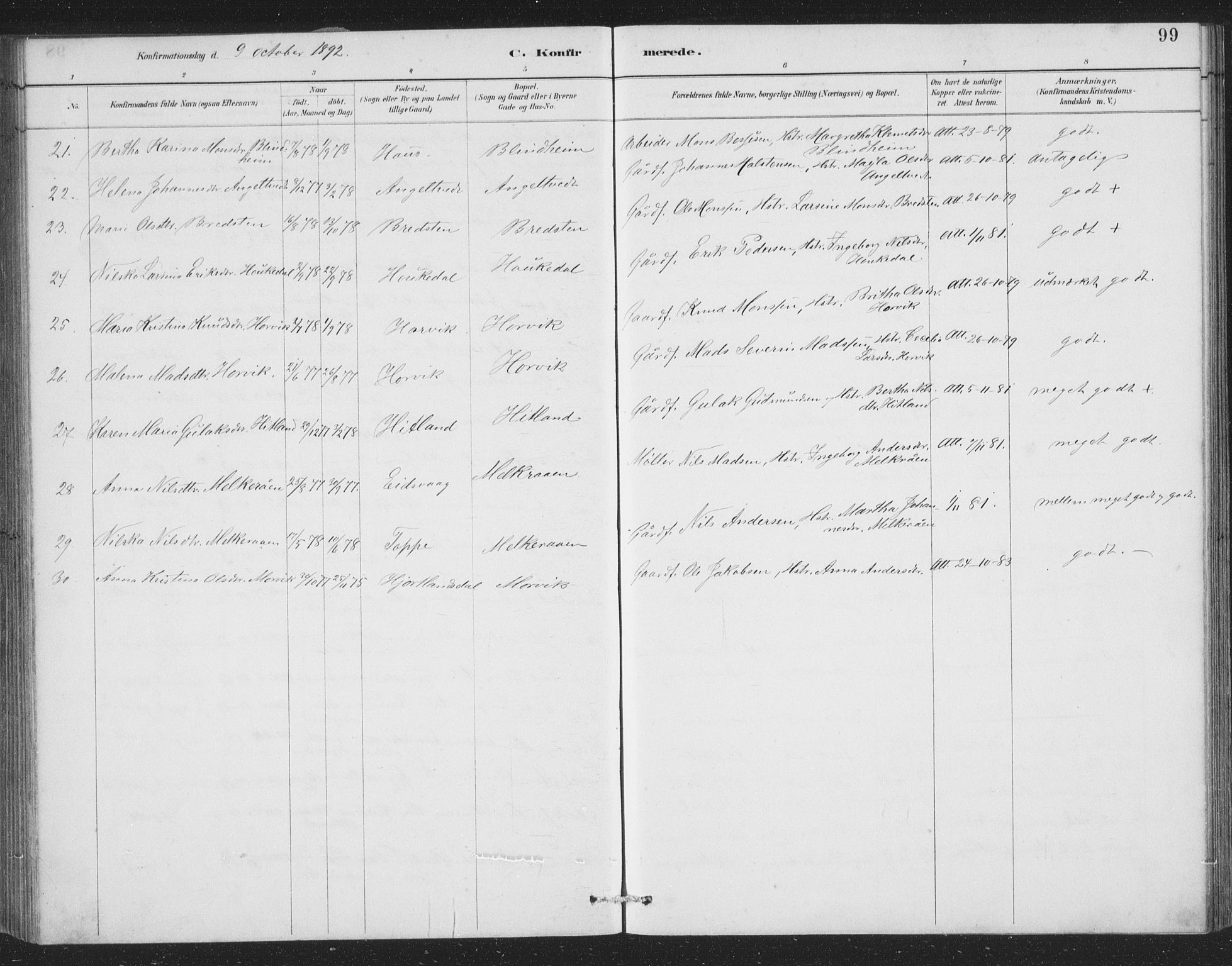 Åsane sokneprestembete, SAB/A-79401/H/Hab: Parish register (copy) no. A 2, 1885-1898, p. 99