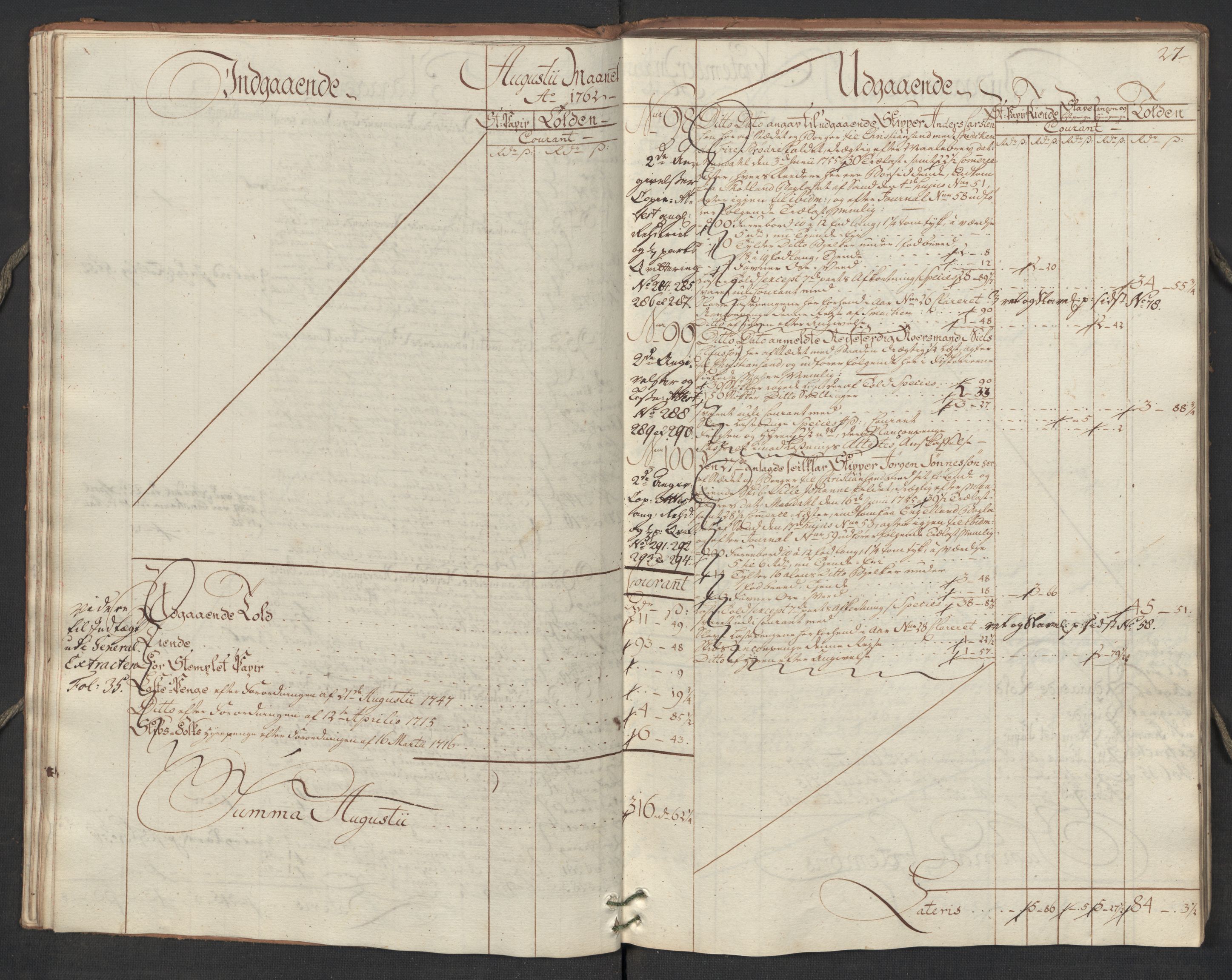 Generaltollkammeret, tollregnskaper, RA/EA-5490/R17/L0023/0005: Tollregnskaper Mandal / Utgående hovedtollbok, 1762, p. 26b-27a