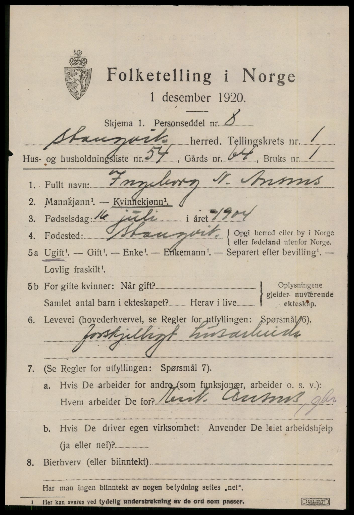 SAT, 1920 census for Stangvik, 1920, p. 1418