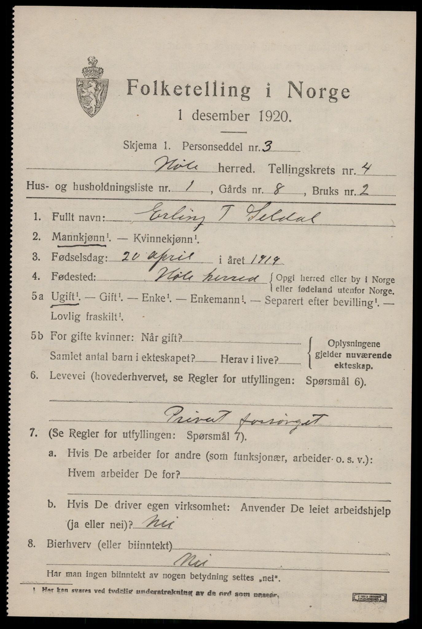 SAST, 1920 census for Høle, 1920, p. 1371