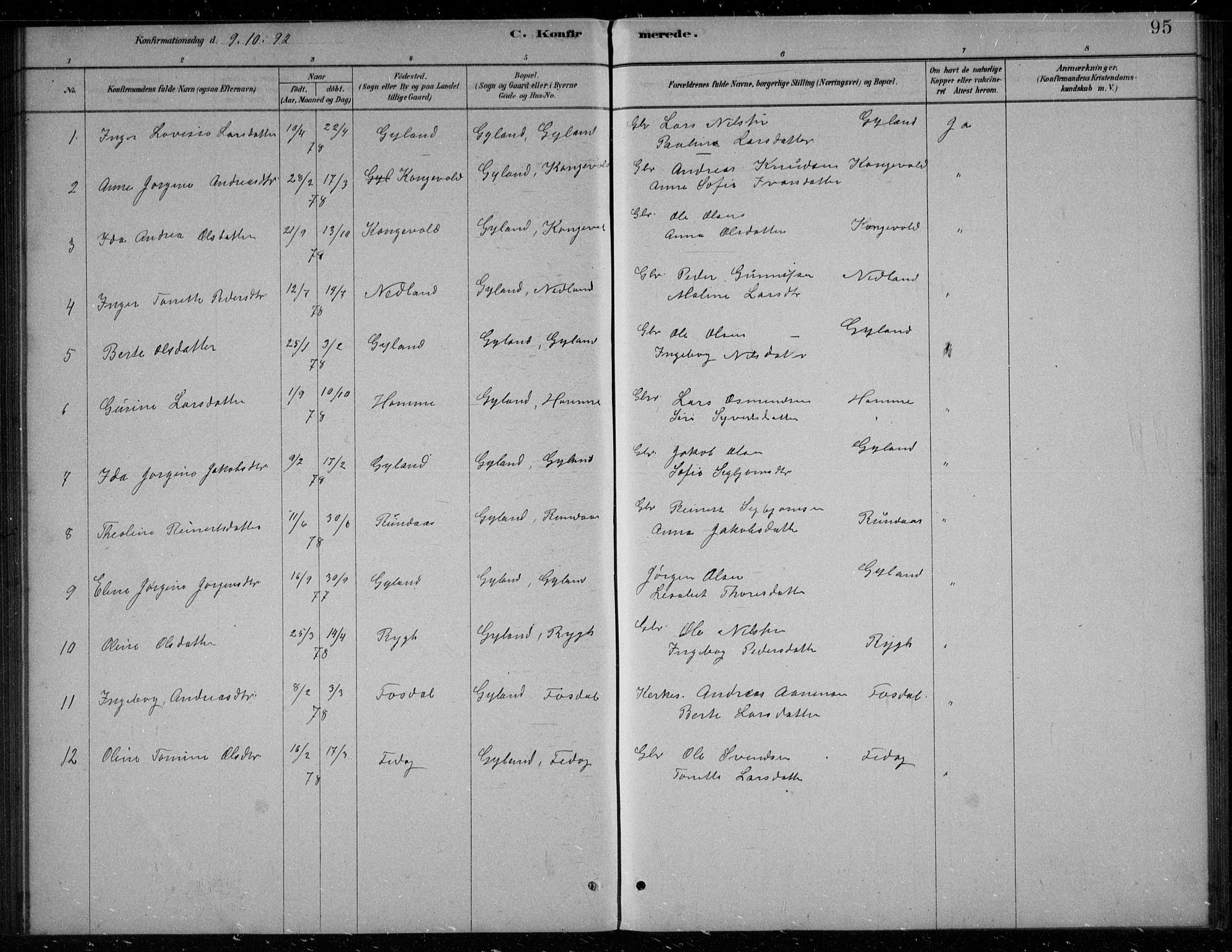 Bakke sokneprestkontor, SAK/1111-0002/F/Fb/Fbb/L0003: Parish register (copy) no. B 3, 1878-1896, p. 95