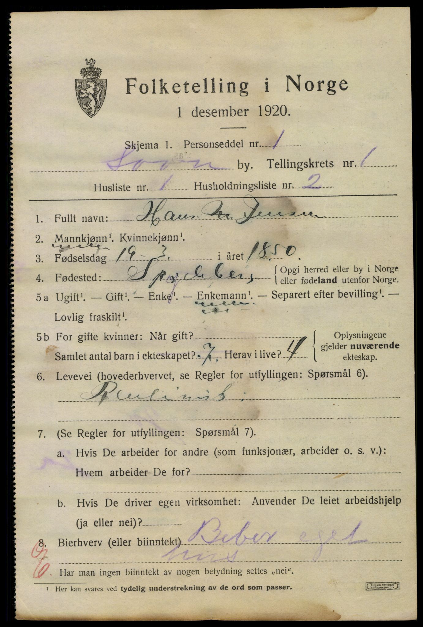 SAO, 1920 census for Son, 1920, p. 564