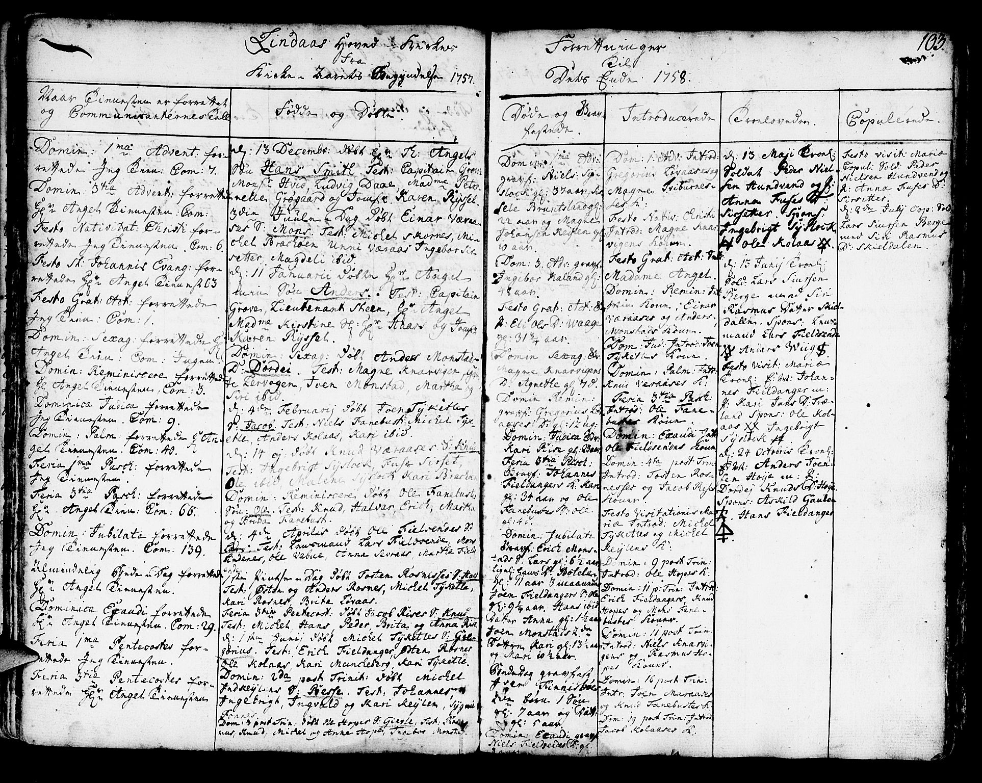 Lindås Sokneprestembete, SAB/A-76701/H/Haa: Parish register (official) no. A 3, 1748-1764, p. 103