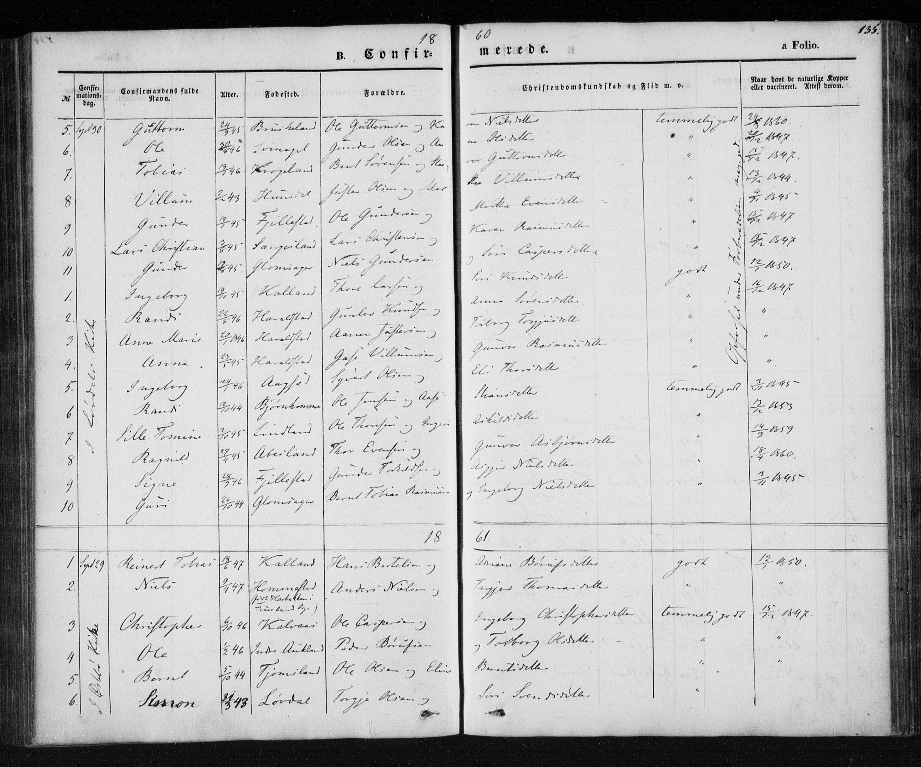 Holum sokneprestkontor, SAK/1111-0022/F/Fa/Fab/L0005: Parish register (official) no. A 5, 1847-1874, p. 135