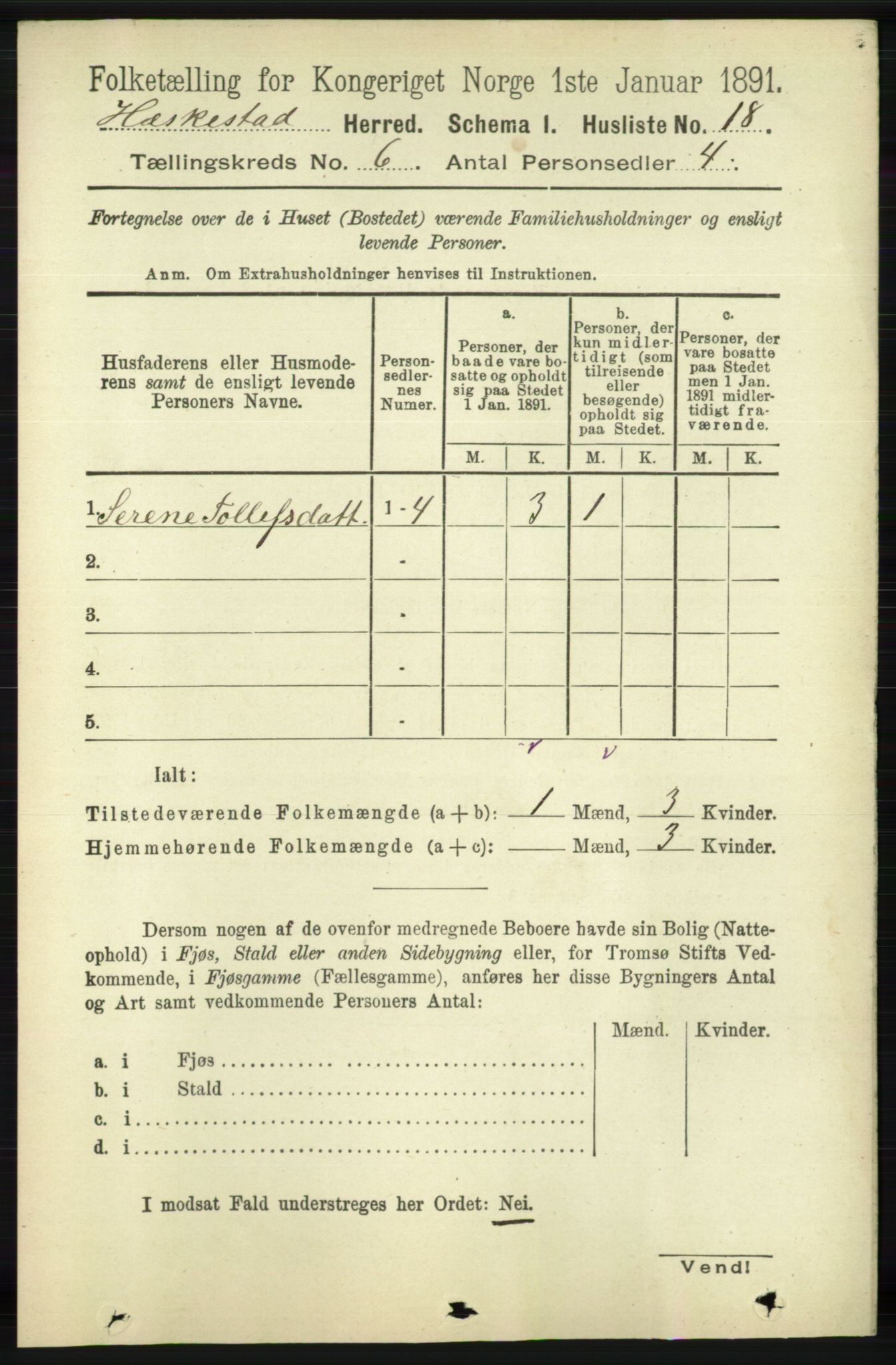 RA, 1891 census for 1113 Heskestad, 1891, p. 1011