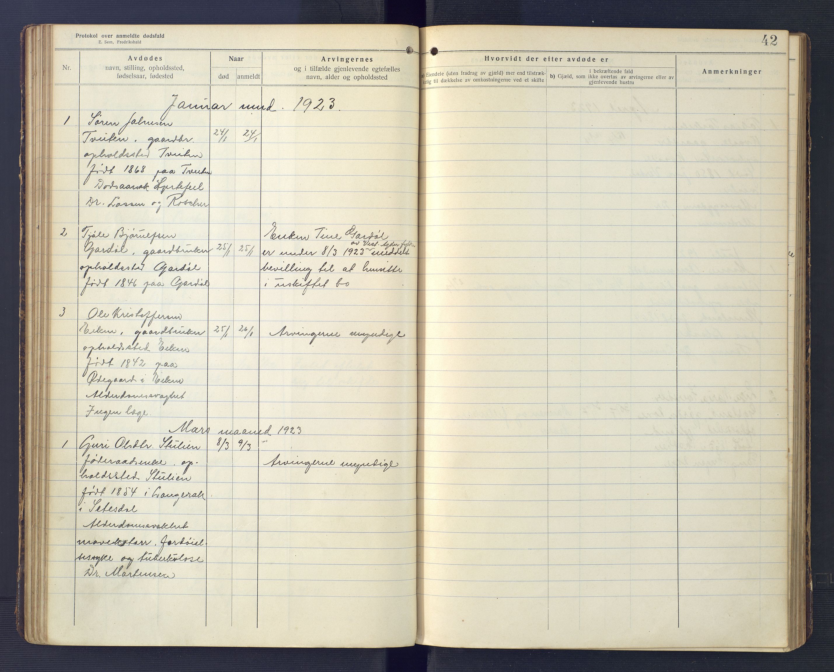 Hægebostad og Eiken lensmannskontor, SAK/1241-0023/F/Fe/L0002: Dødsfallsprotokoll nr 34, 1917-1932, p. 42