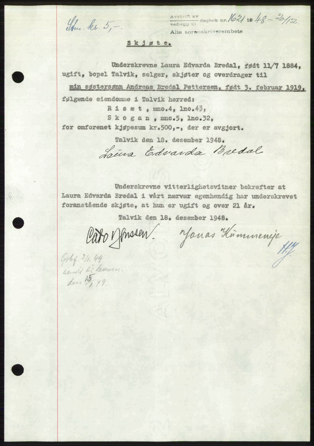 Alta fogderi/sorenskriveri, SATØ/SATØ-5/1/K/Kd/L0037pantebok: Mortgage book no. 39-40, 1948-1949, Diary no: : 1621/1948