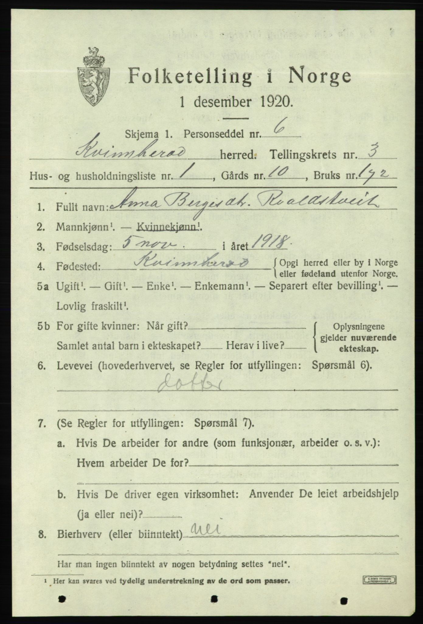 SAB, 1920 census for Kvinnherad, 1920, p. 4494