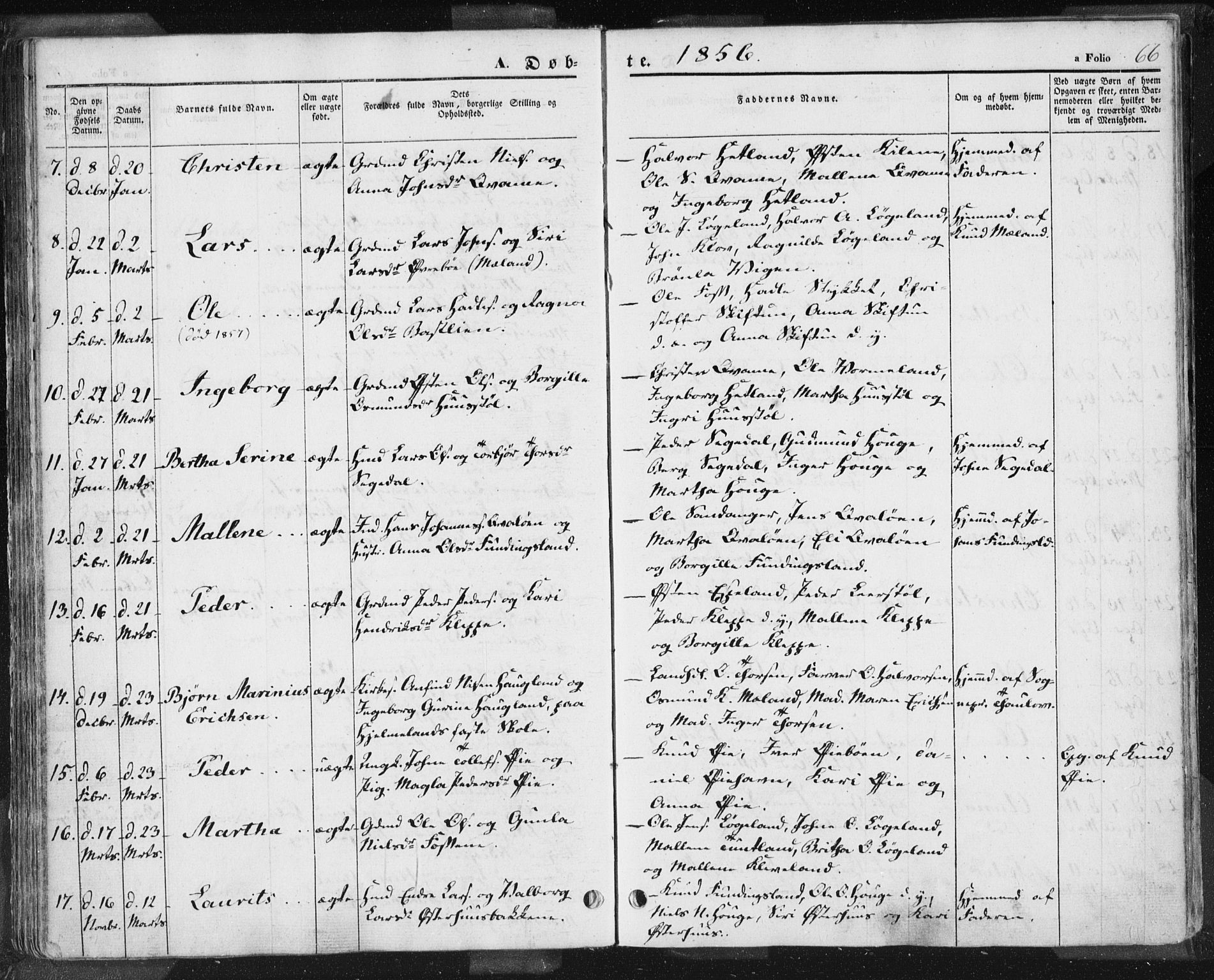 Hjelmeland sokneprestkontor, AV/SAST-A-101843/01/IV/L0009: Parish register (official) no. A 9, 1846-1860, p. 66