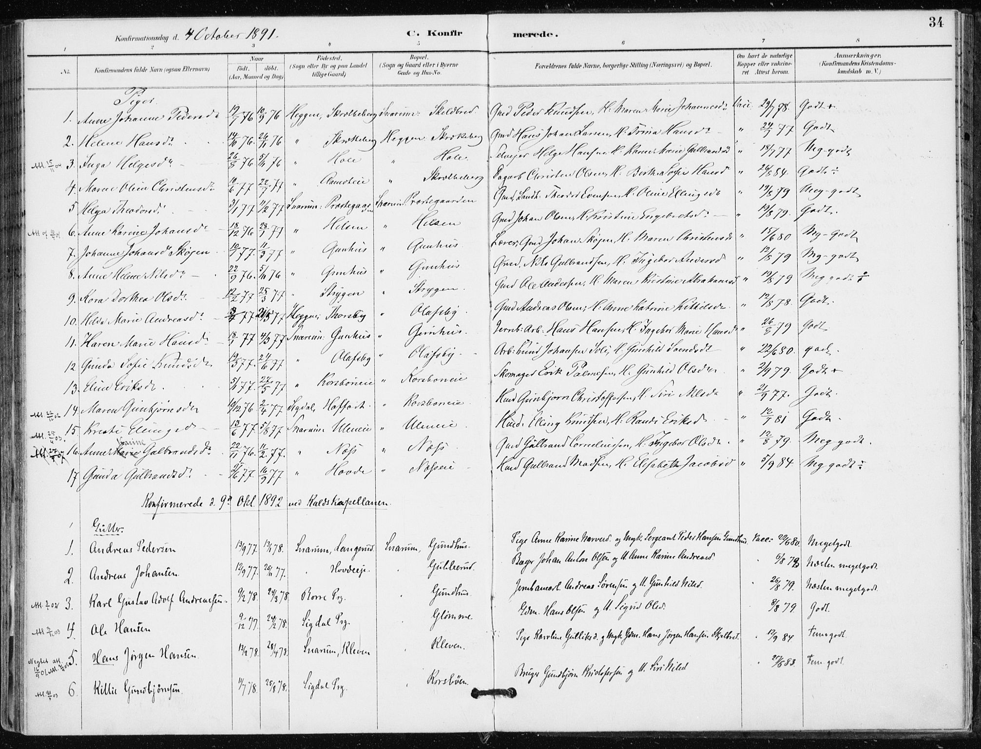 Modum kirkebøker, AV/SAKO-A-234/F/Fa/L0016: Parish register (official) no. 16, 1890-1899, p. 34