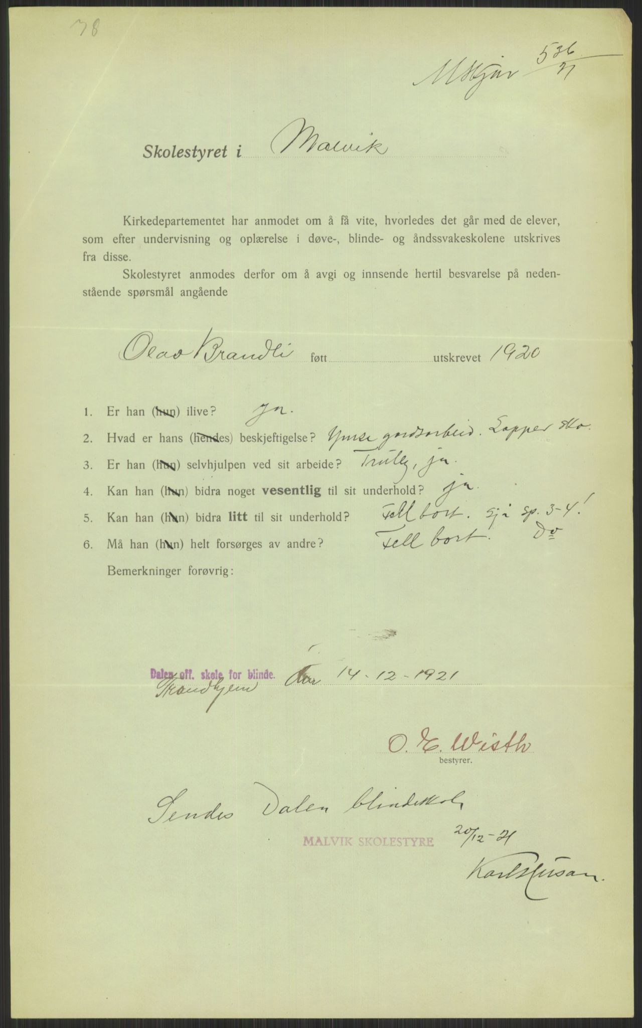 Kirke- og undervisningsdepartementet, 1. skolekontor D, AV/RA-S-1021/F/Fh/Fhl/L0044: Hvor blir det av elevene?, 1911-1921, p. 391