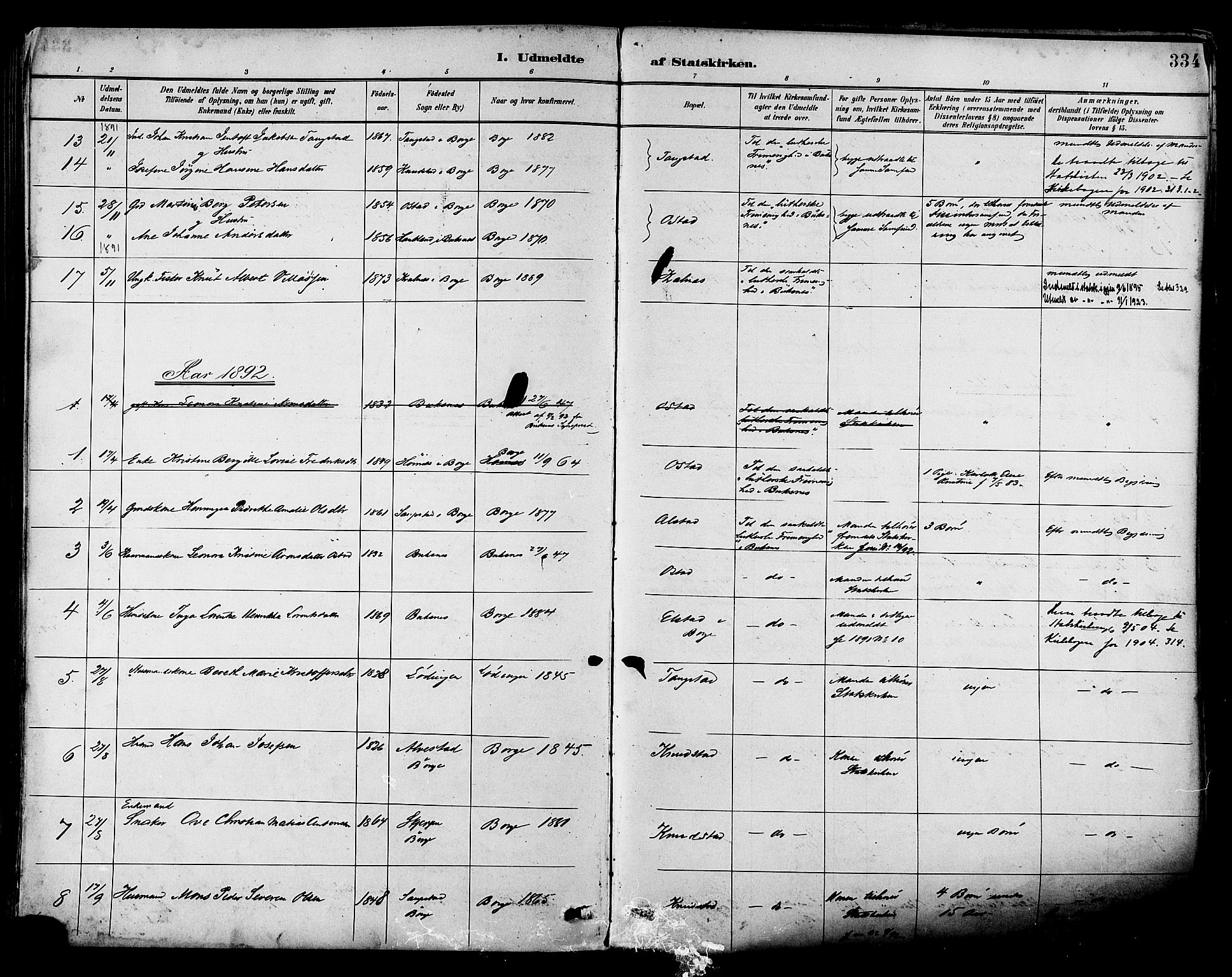 Ministerialprotokoller, klokkerbøker og fødselsregistre - Nordland, SAT/A-1459/880/L1133: Parish register (official) no. 880A07, 1888-1898, p. 334