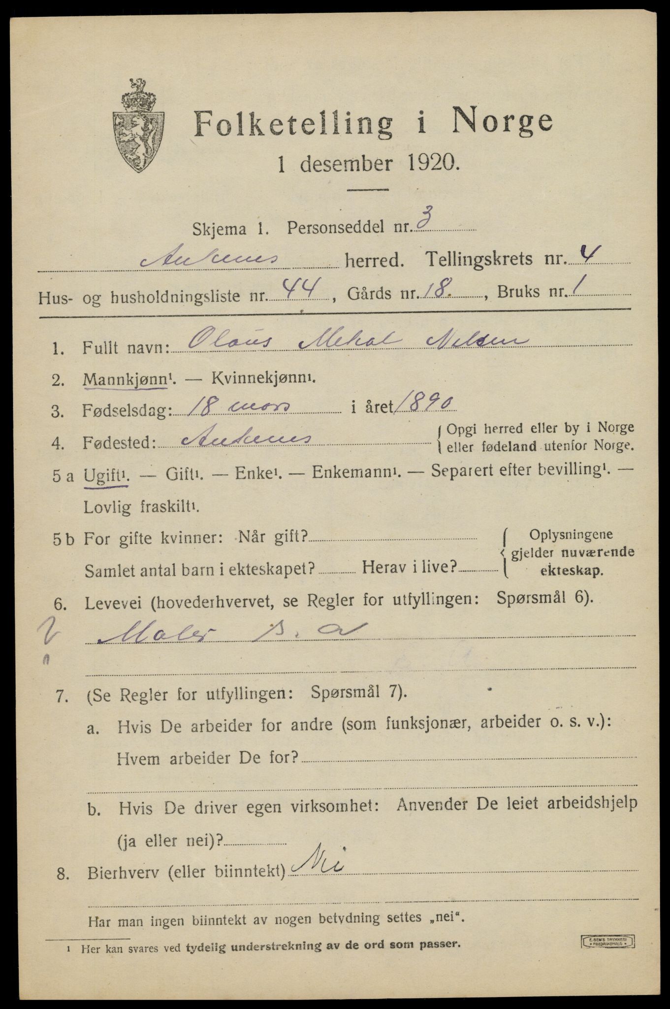 SAT, 1920 census for Ankenes, 1920, p. 3101