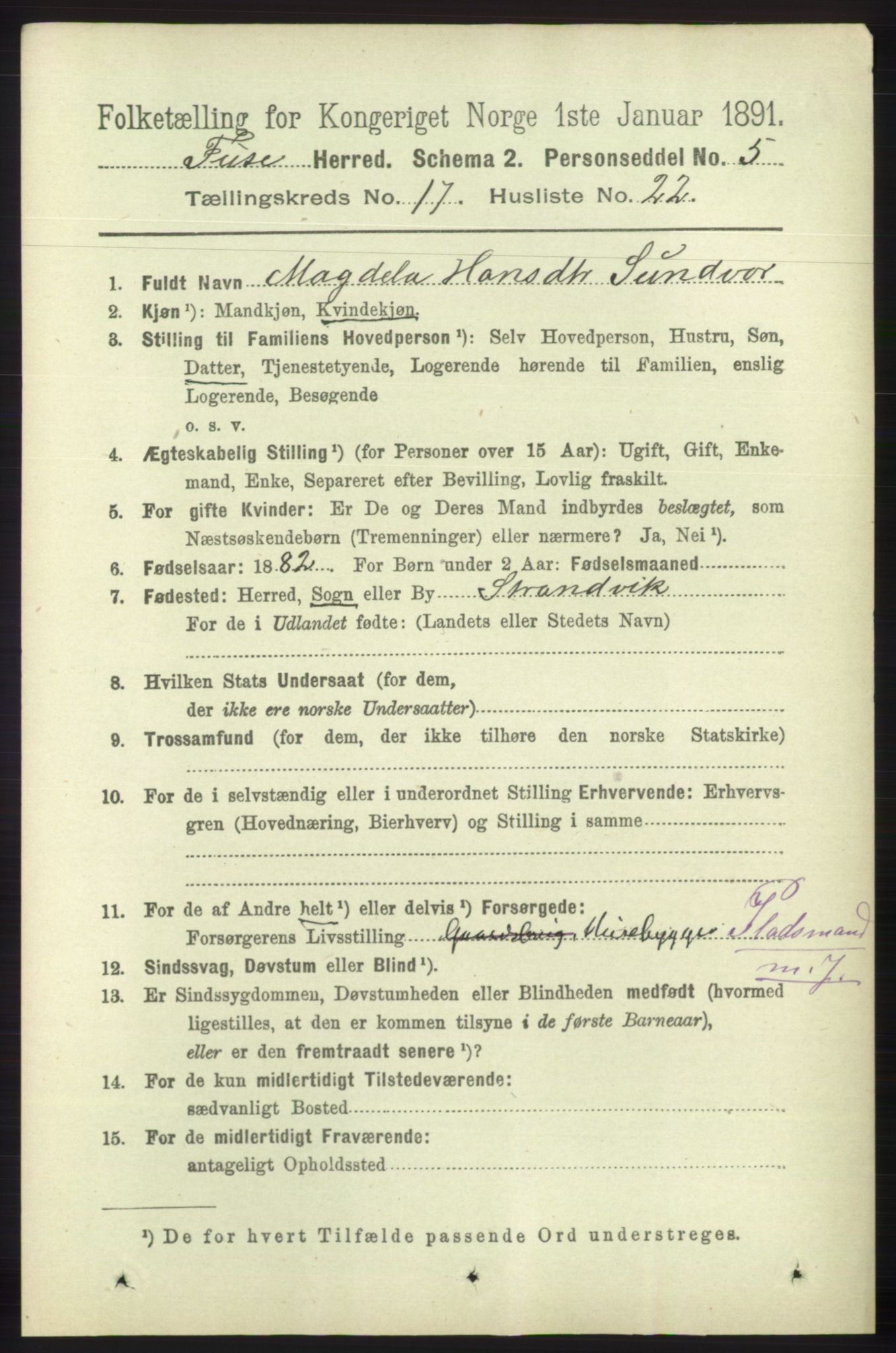RA, 1891 census for 1241 Fusa, 1891, p. 3936
