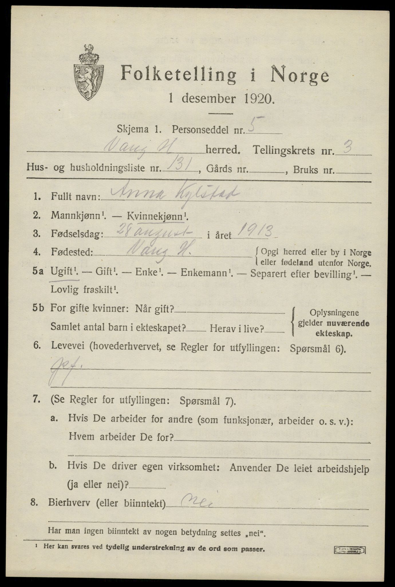 SAH, 1920 census for Vang (Hedmark), 1920, p. 11075