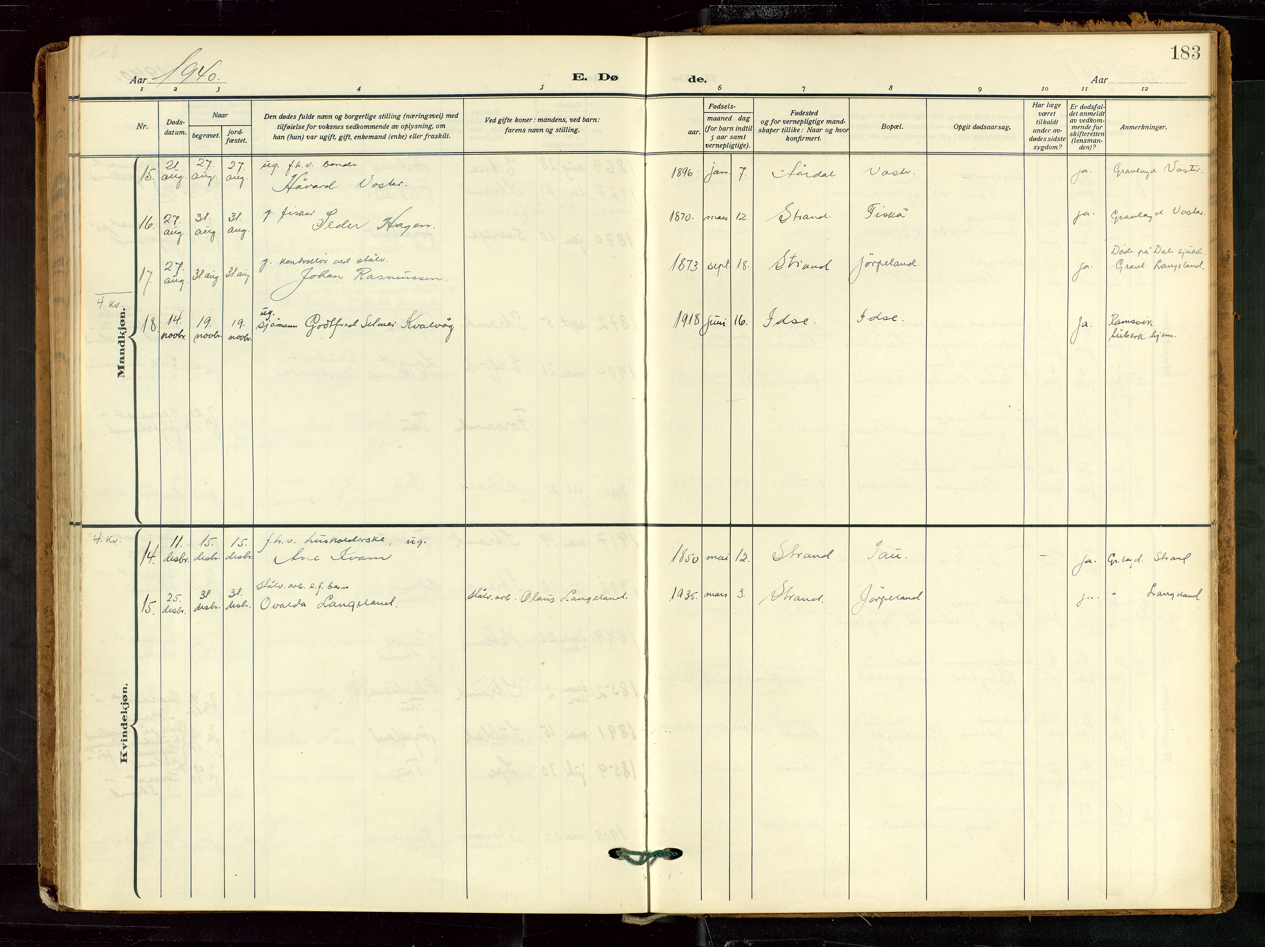 Strand sokneprestkontor, AV/SAST-A-101828/H/Ha/Haa/L0012: Parish register (official) no. A 12, 1927-1946, p. 183