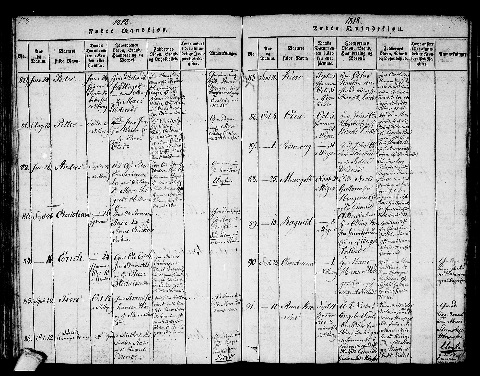 Norderhov kirkebøker, AV/SAKO-A-237/F/Fa/L0008: Parish register (official) no. 8, 1814-1833, p. 178-179