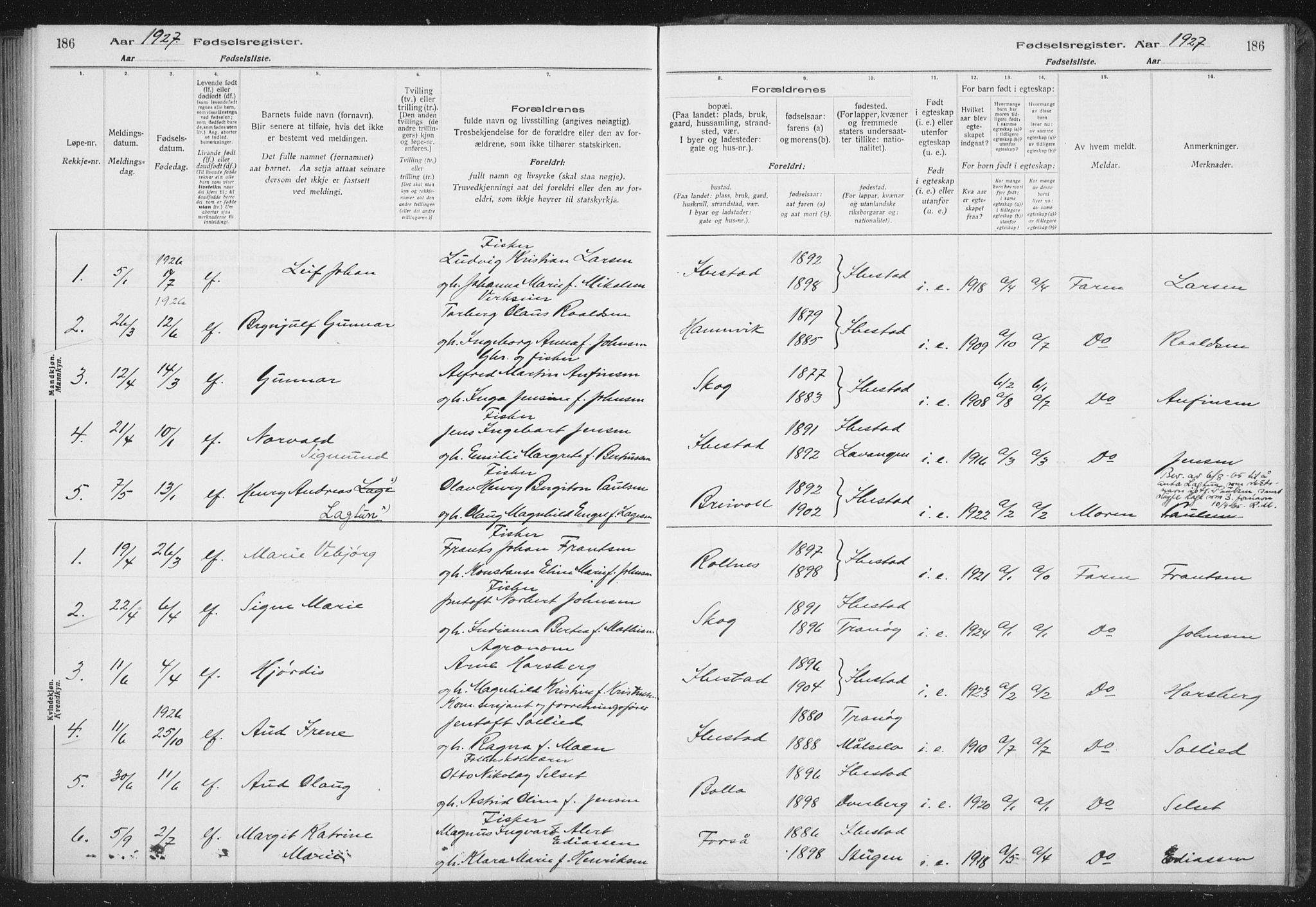 Ibestad sokneprestembete, SATØ/S-0077/I/Ic/L0061: Birth register no. 61, 1917-1929, p. 186