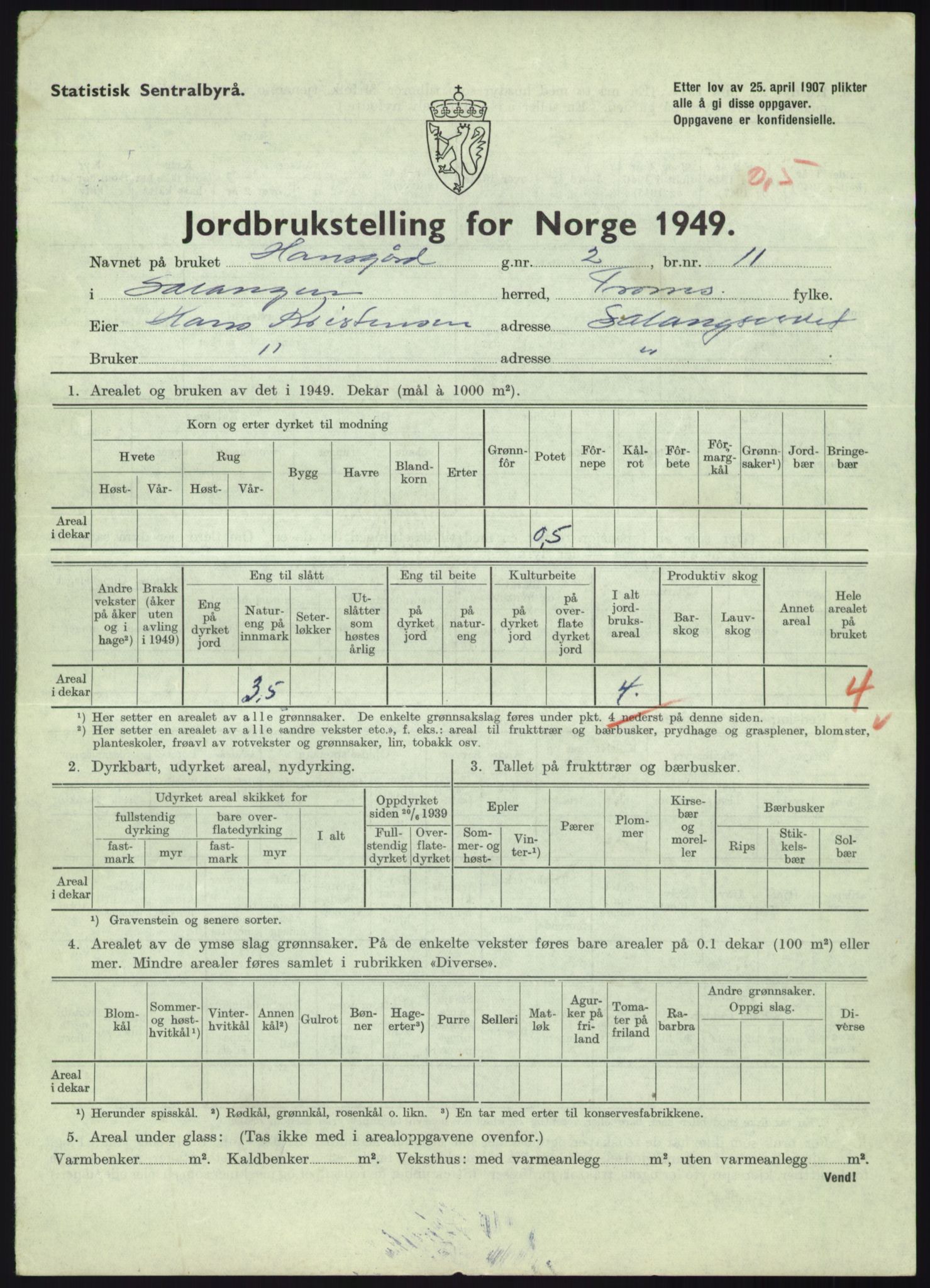 Statistisk sentralbyrå, Næringsøkonomiske emner, Jordbruk, skogbruk, jakt, fiske og fangst, AV/RA-S-2234/G/Gc/L0438: Troms: Salangen og Bardu, 1949, p. 83