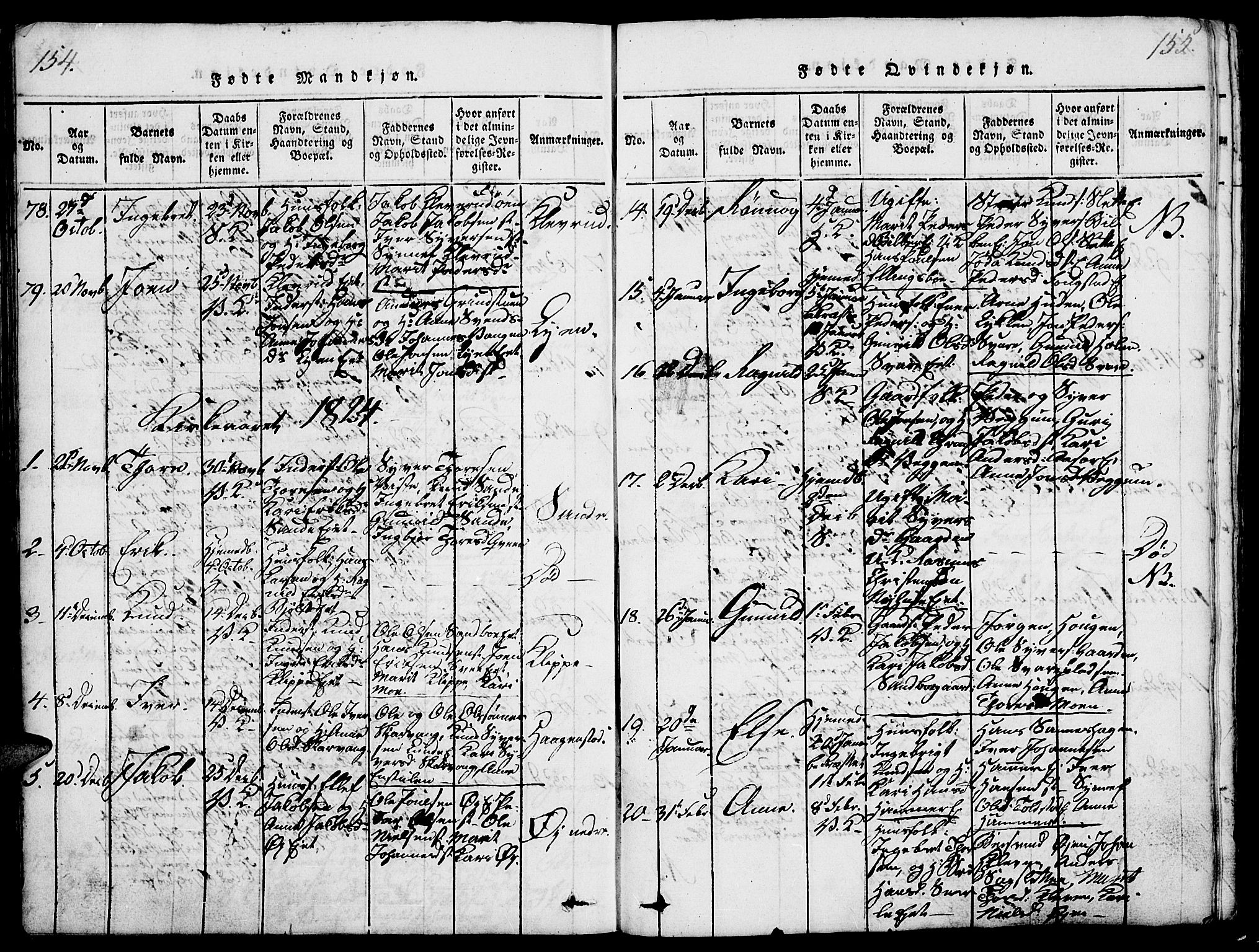Vågå prestekontor, SAH/PREST-076/H/Ha/Haa/L0003: Parish register (official) no. 3, 1815-1827, p. 154-155