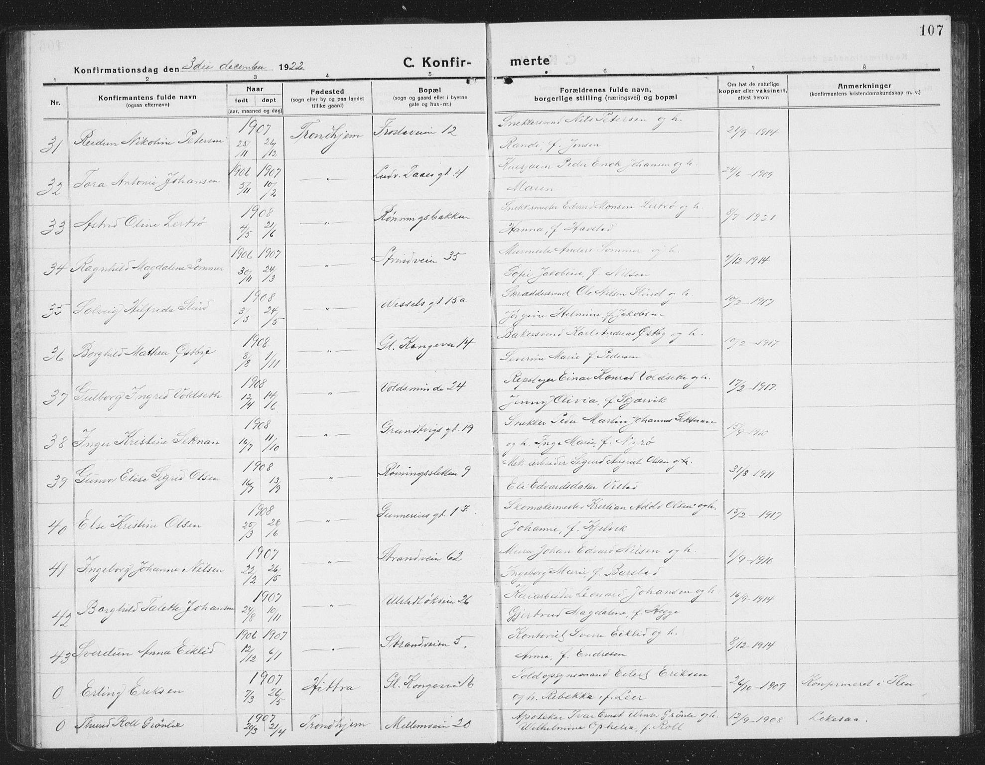 Ministerialprotokoller, klokkerbøker og fødselsregistre - Sør-Trøndelag, SAT/A-1456/605/L0258: Parish register (copy) no. 605C05, 1918-1930, p. 107