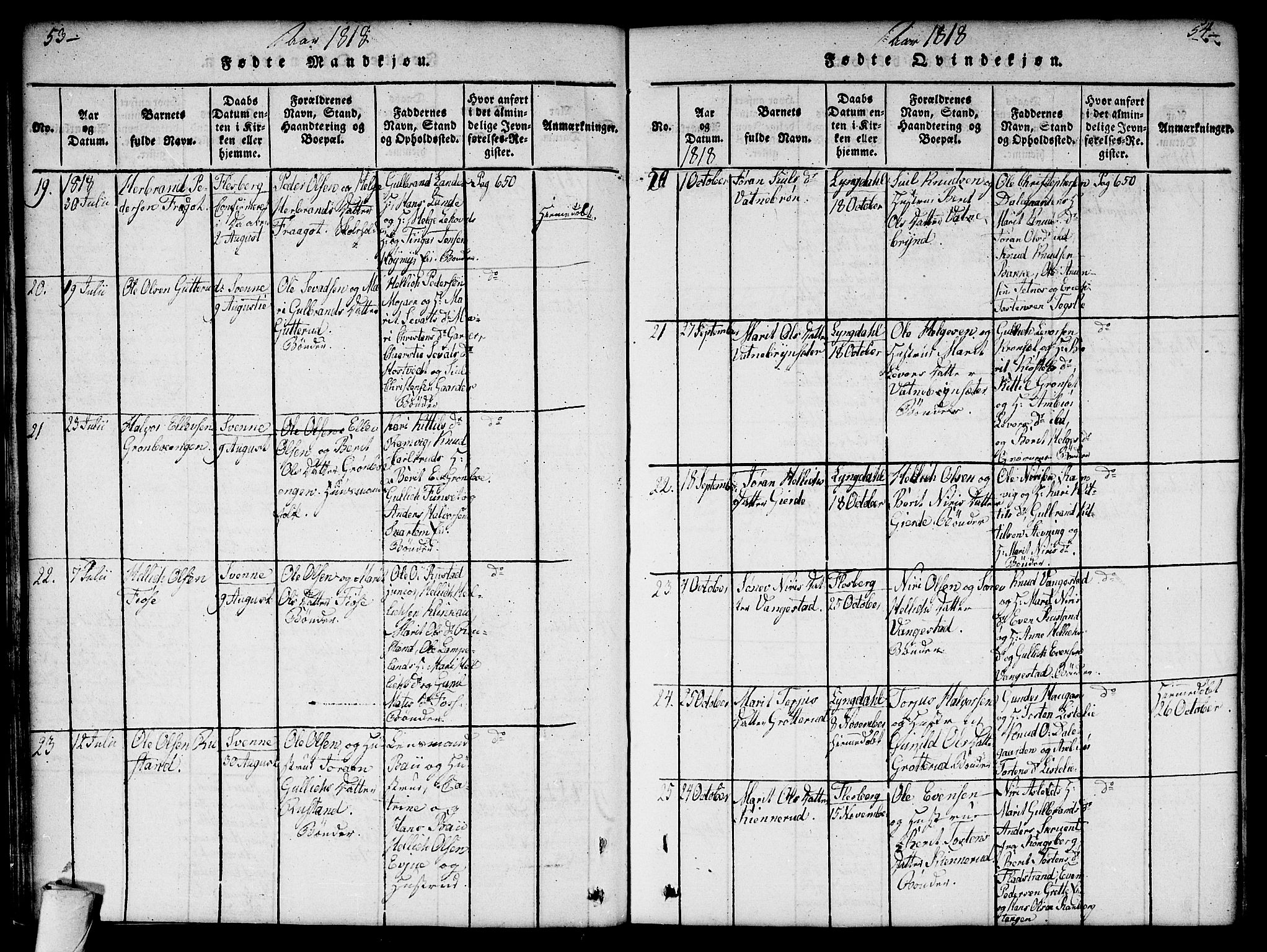 Flesberg kirkebøker, SAKO/A-18/G/Ga/L0001: Parish register (copy) no. I 1, 1816-1834, p. 53-54