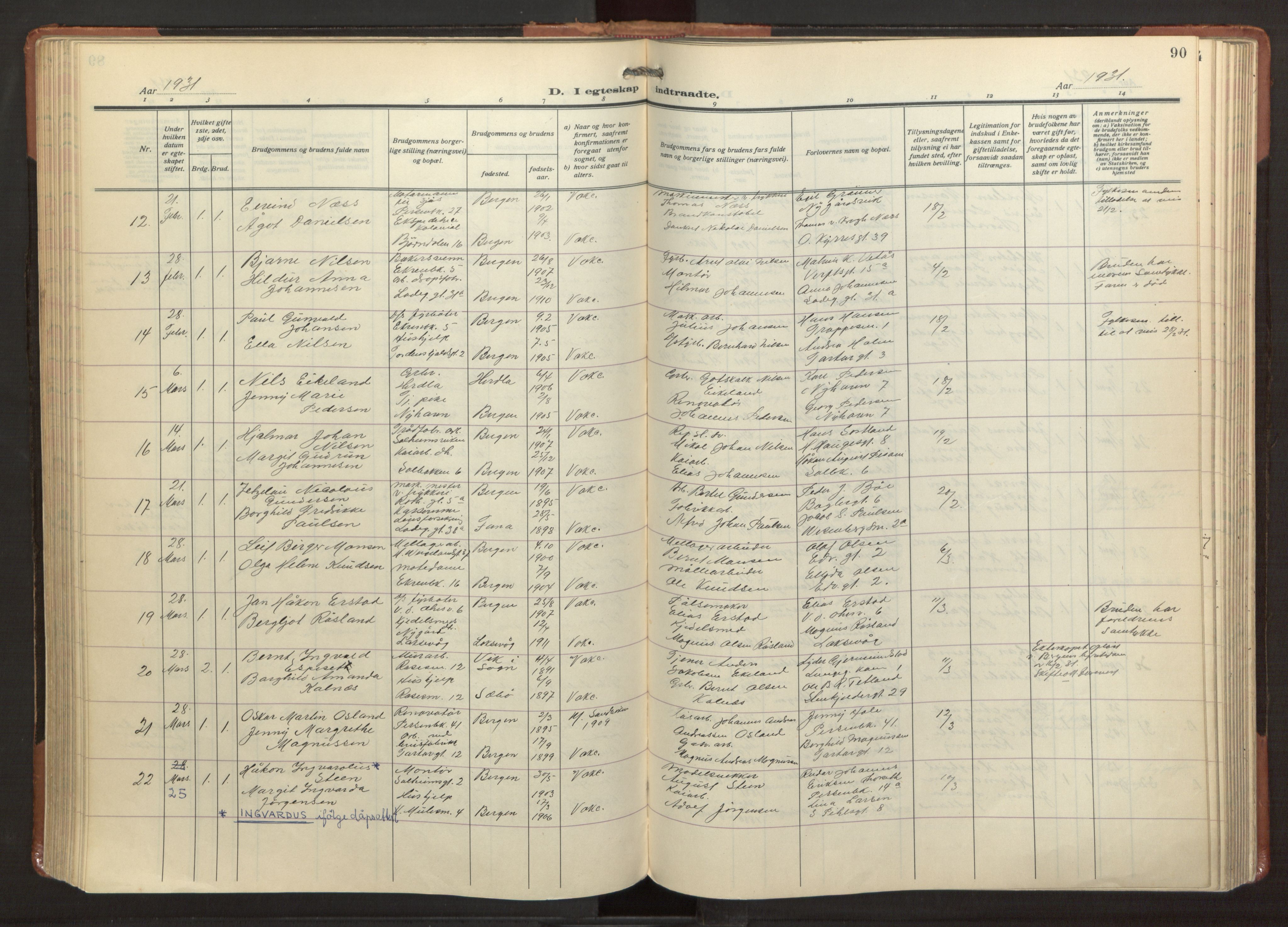 Sandviken Sokneprestembete, AV/SAB-A-77601/H/Ha/L0016: Parish register (official) no. D 3, 1923-1940, p. 90