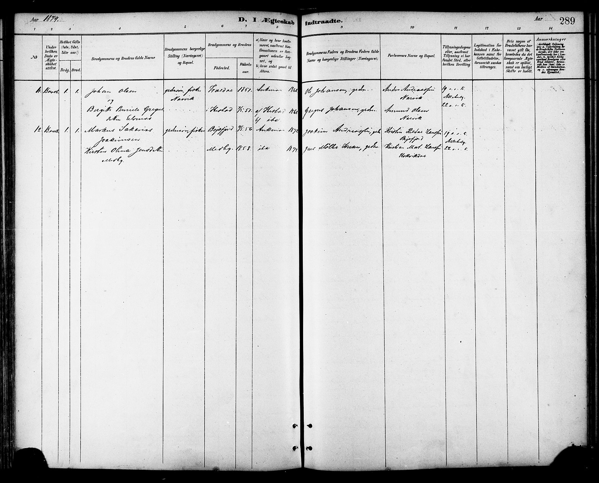 Ministerialprotokoller, klokkerbøker og fødselsregistre - Nordland, AV/SAT-A-1459/866/L0938: Parish register (official) no. 866A01, 1879-1893, p. 289