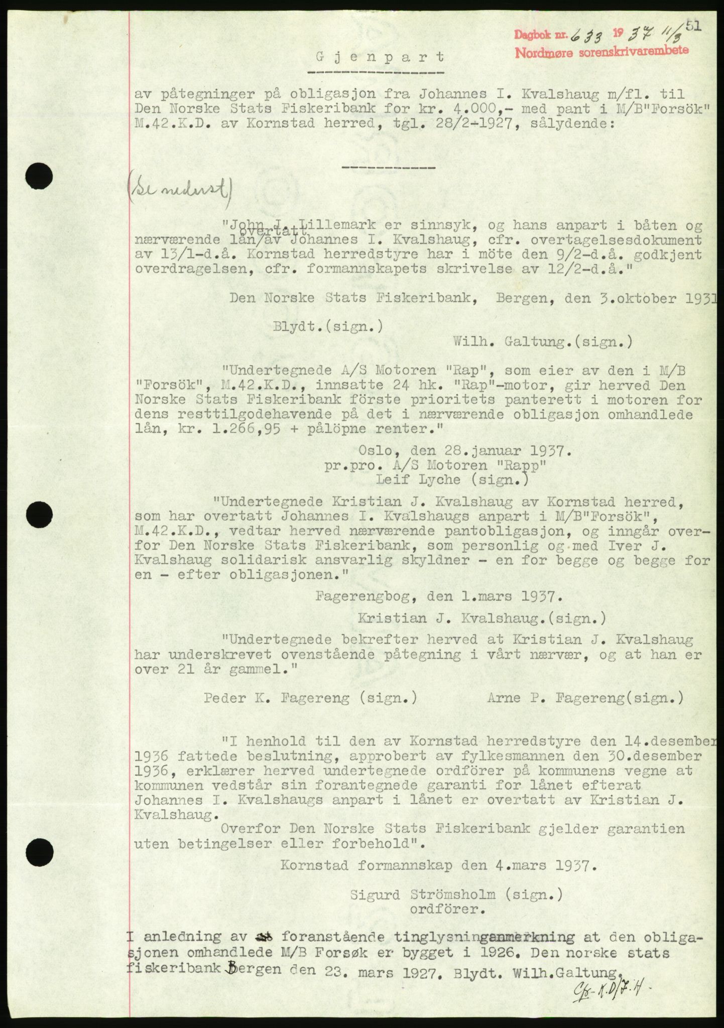 Nordmøre sorenskriveri, AV/SAT-A-4132/1/2/2Ca/L0091: Mortgage book no. B81, 1937-1937, Diary no: : 633/1937