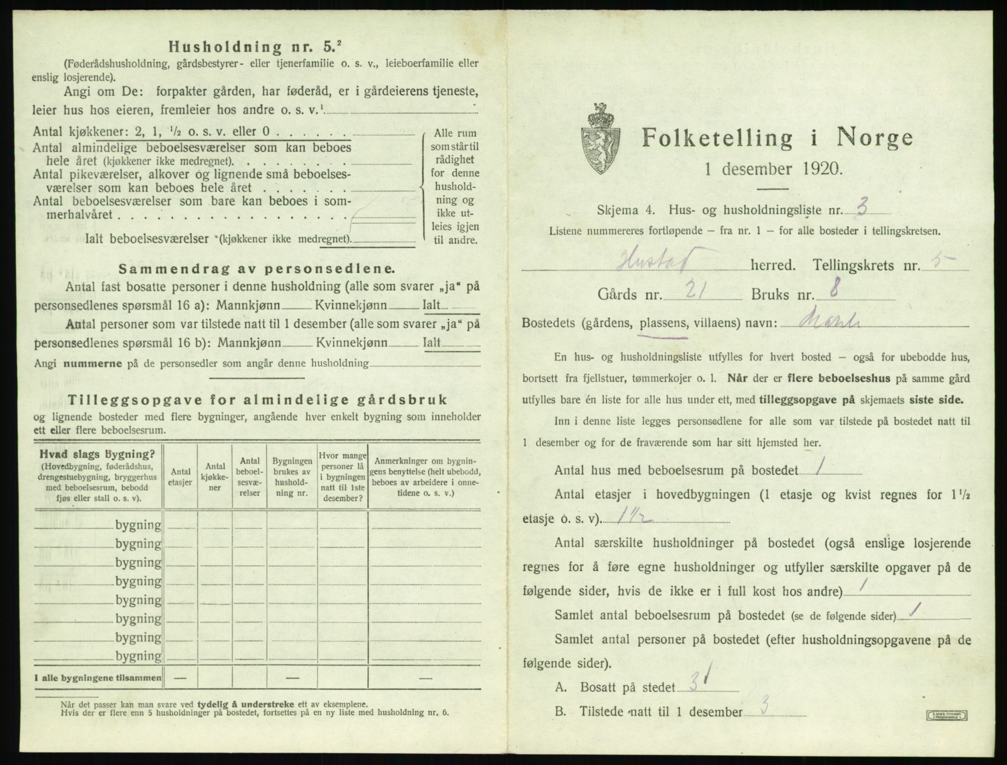 SAT, 1920 census for Hustad, 1920, p. 497