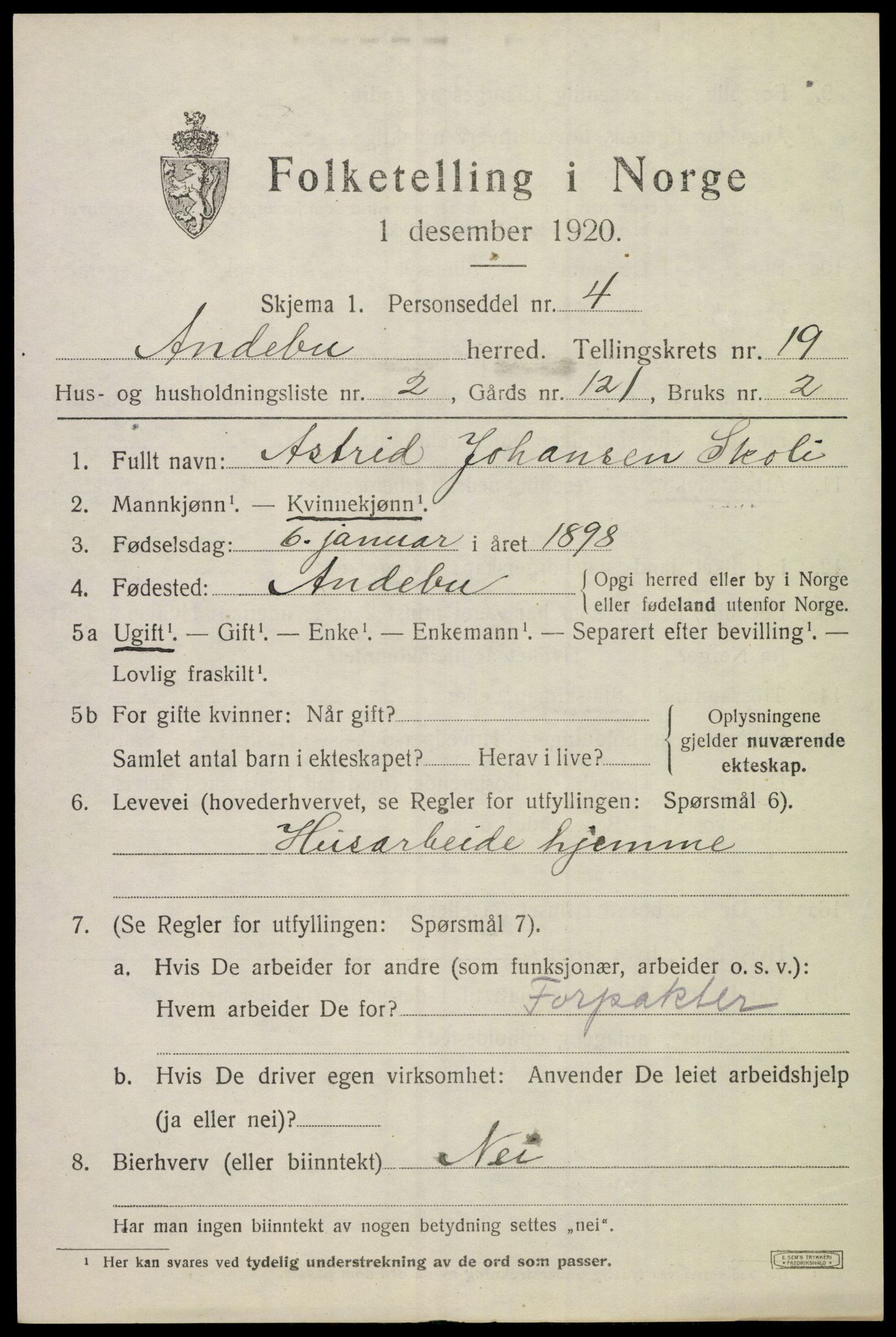 SAKO, 1920 census for Andebu, 1920, p. 6306