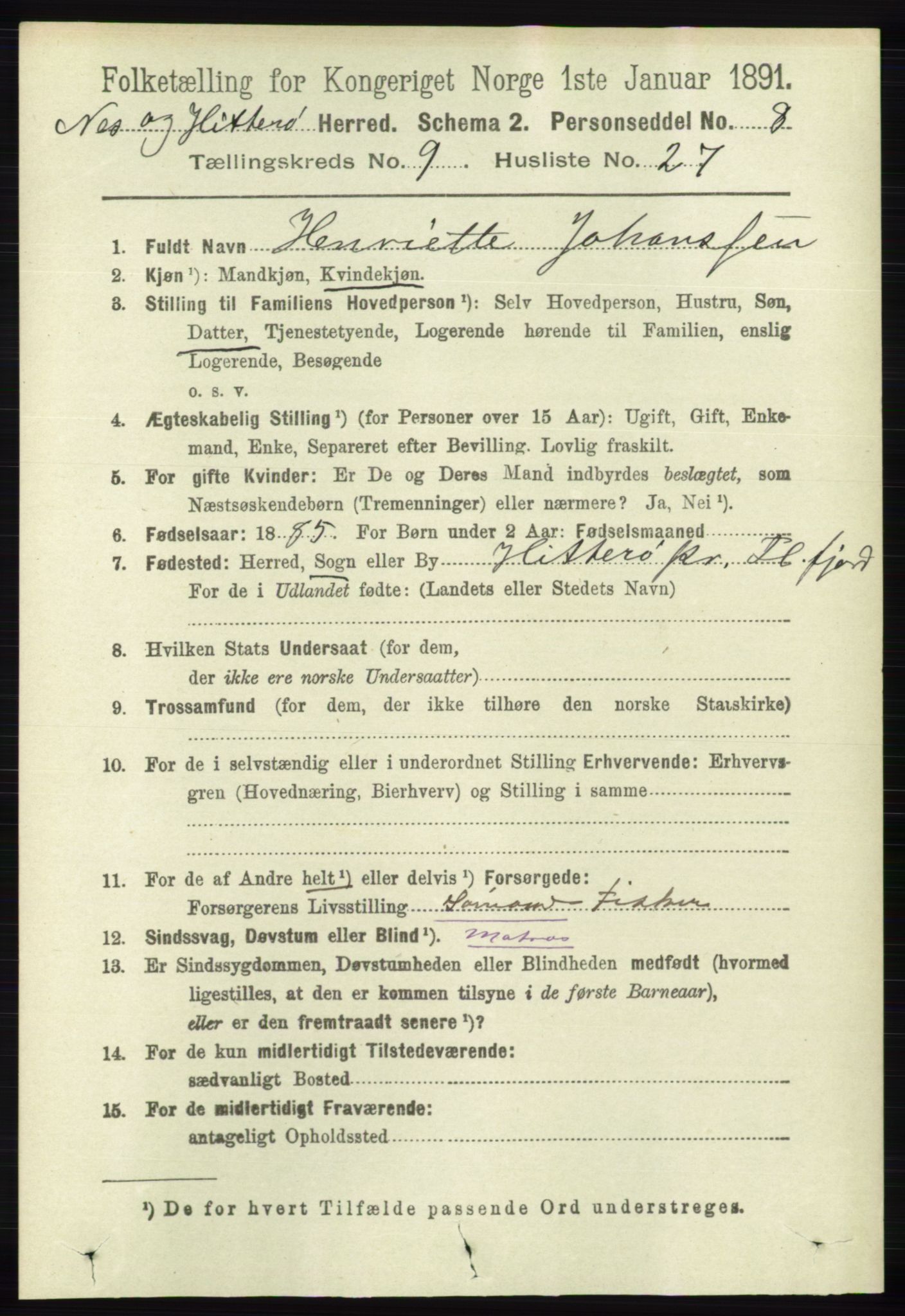 RA, 1891 census for 1043 Hidra og Nes, 1891, p. 3902