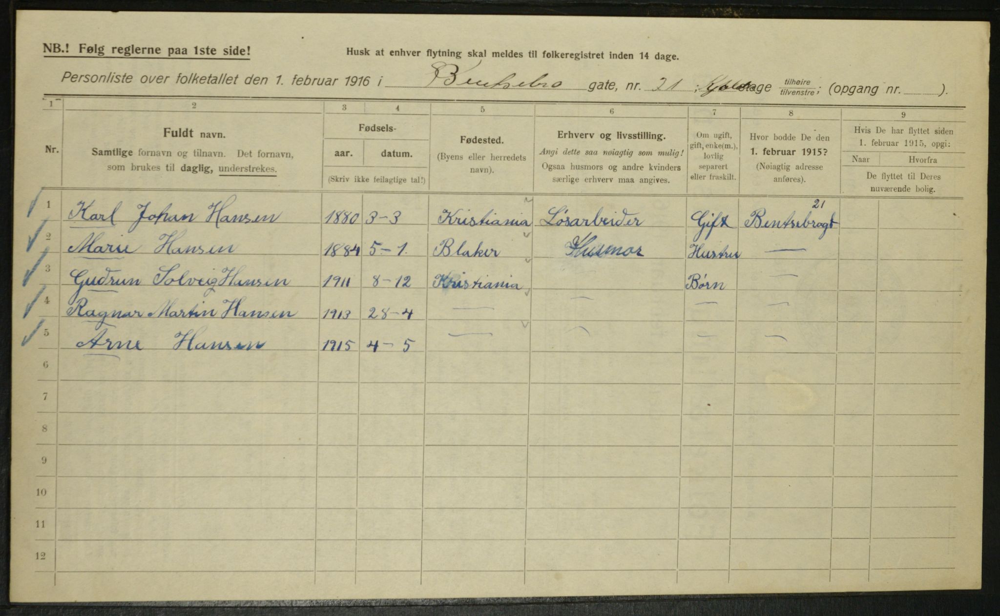 OBA, Municipal Census 1916 for Kristiania, 1916, p. 3560