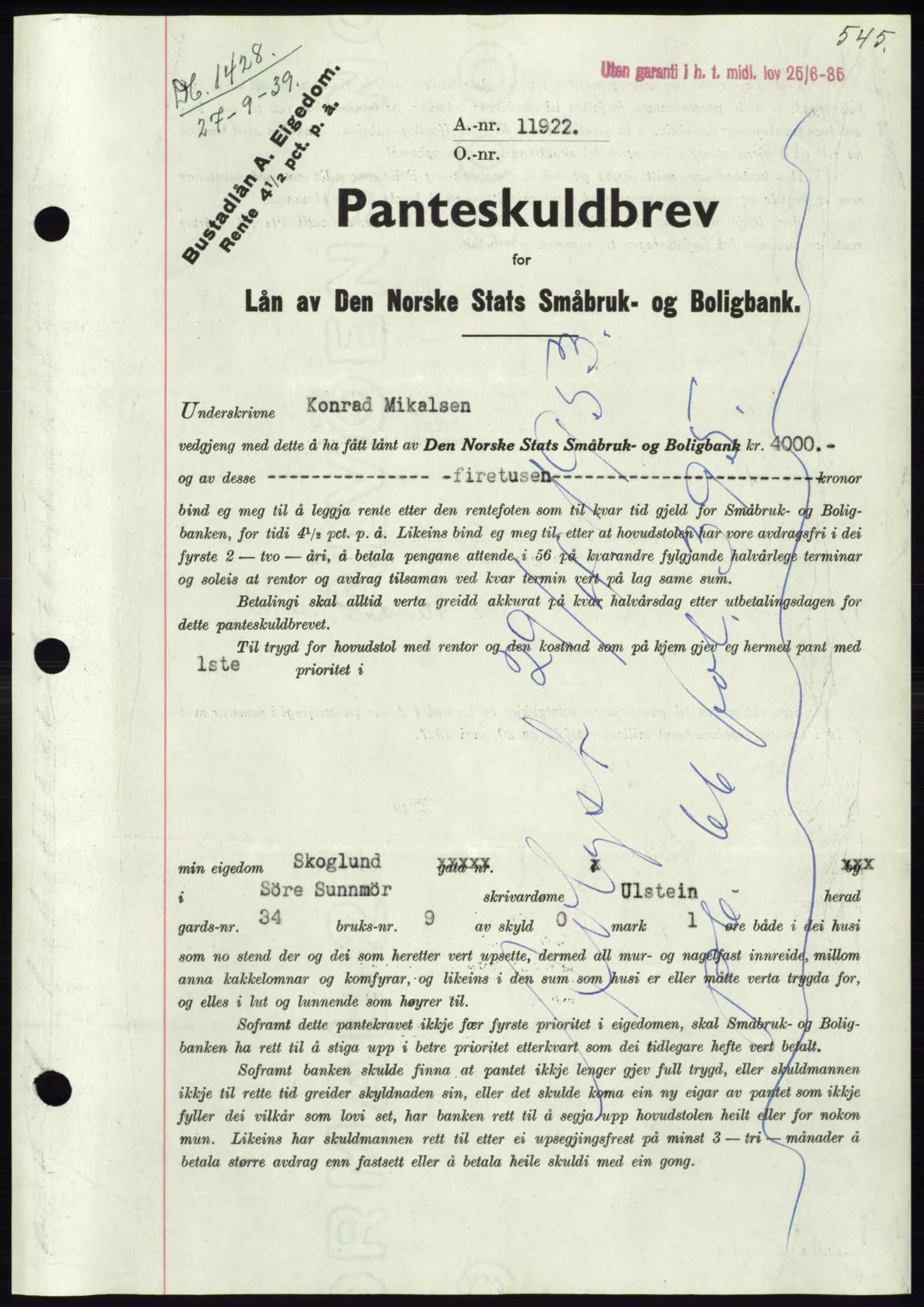 Søre Sunnmøre sorenskriveri, AV/SAT-A-4122/1/2/2C/L0068: Mortgage book no. 62, 1939-1939, Diary no: : 1428/1939