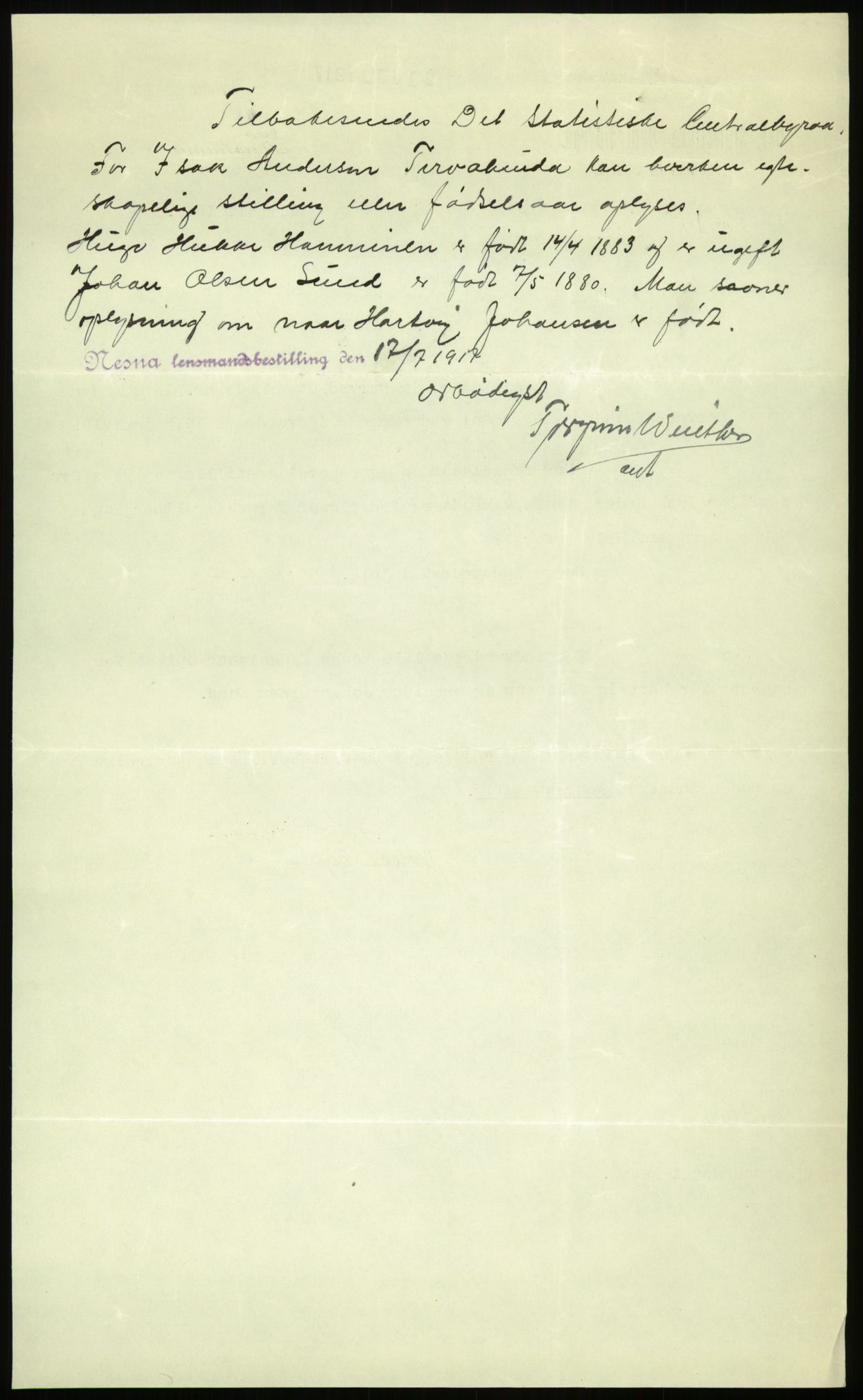 Statistisk sentralbyrå, Sosioøkonomiske emner, Folketellinger, boliger og boforhold, AV/RA-S-2231/F/Fa/L0001: Innvandring. Navn/fylkesvis, 1915, p. 60