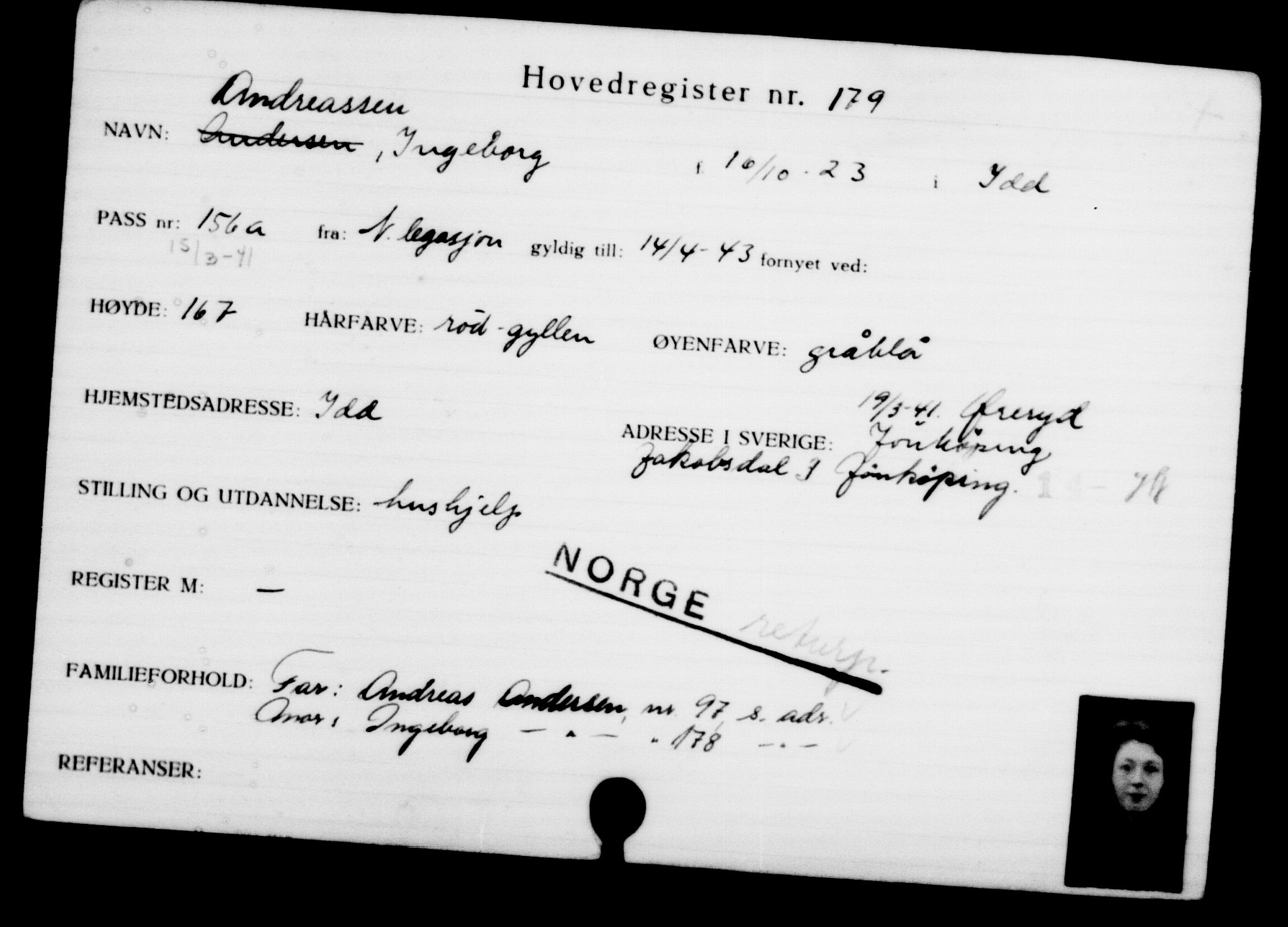 Utenriksstasjonene, Legasjonen i Stockholm, Flyktningkontoret, AV/RA-S-6753/V/Va/L0001: Kjesäterkartoteket, flyktninger med registreringsnr. 1-1000, 1940-1945, p. 289