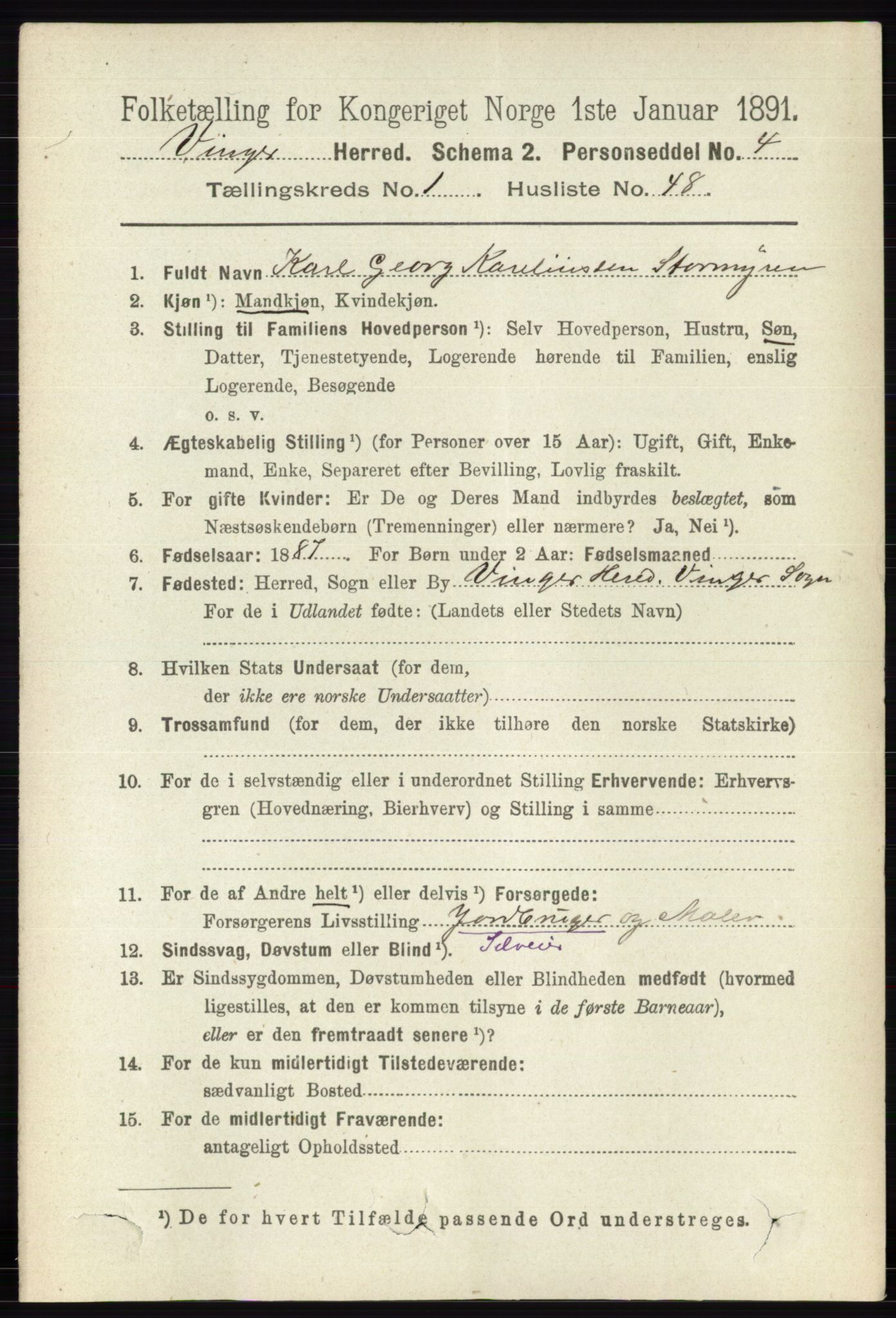 RA, 1891 census for 0421 Vinger, 1891, p. 384