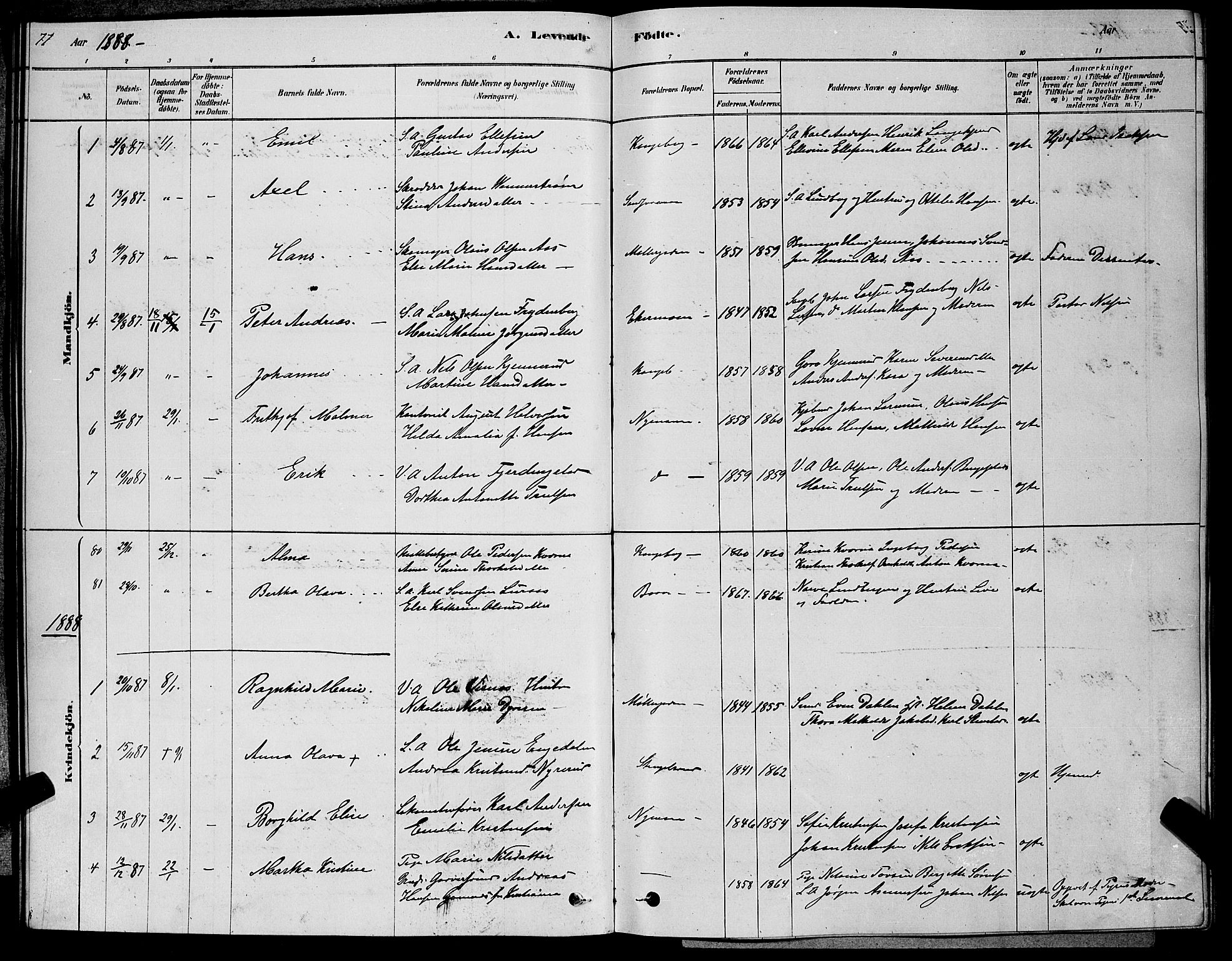 Kongsberg kirkebøker, SAKO/A-22/G/Ga/L0005: Parish register (copy) no. 5, 1878-1889, p. 77