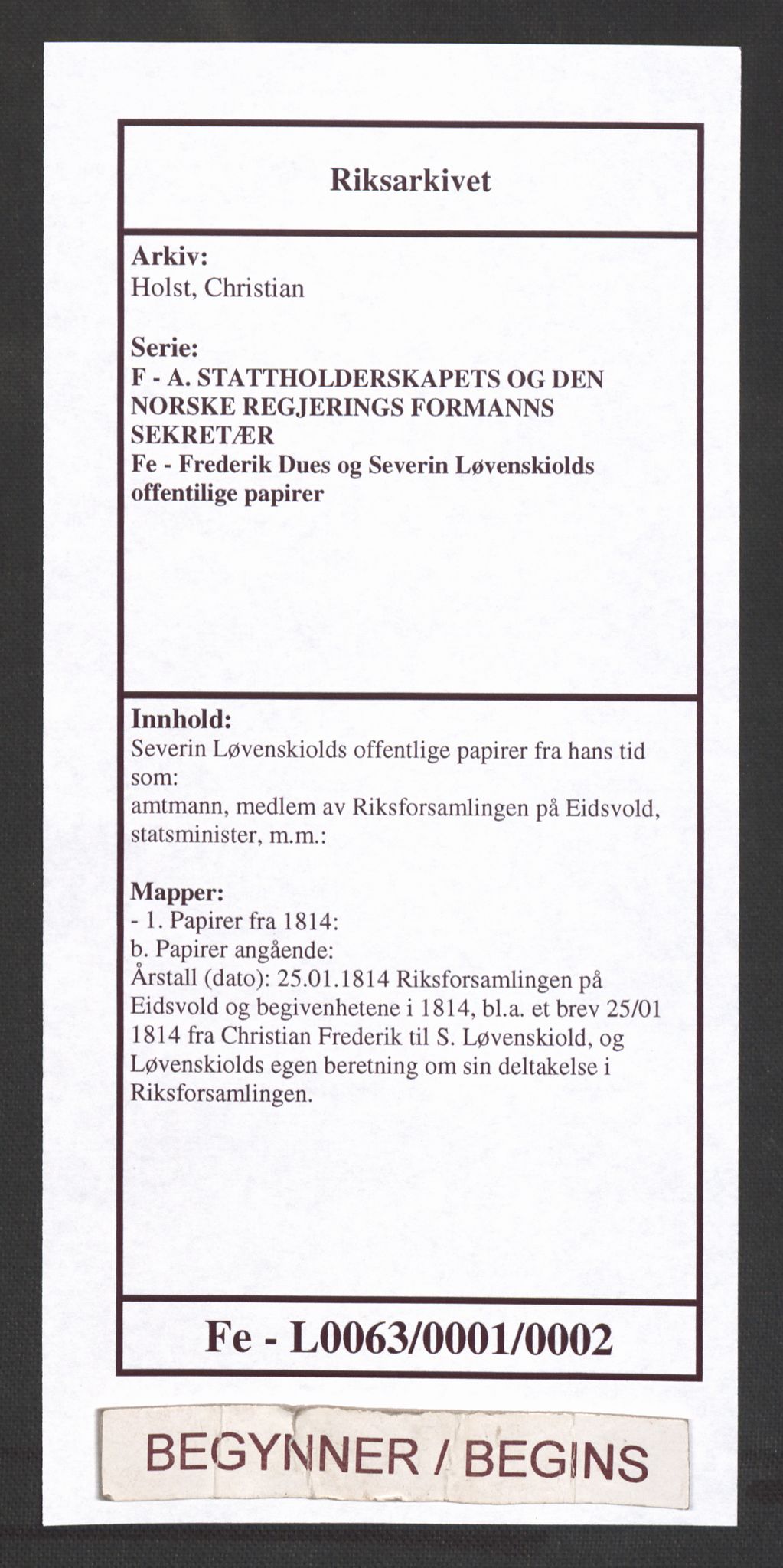 Holst, Christian, RA/PA-0040/F/Fe/L0063: Severin Løvenskiolds offentlige papirer fra hans tid som:, 1814, p. 1