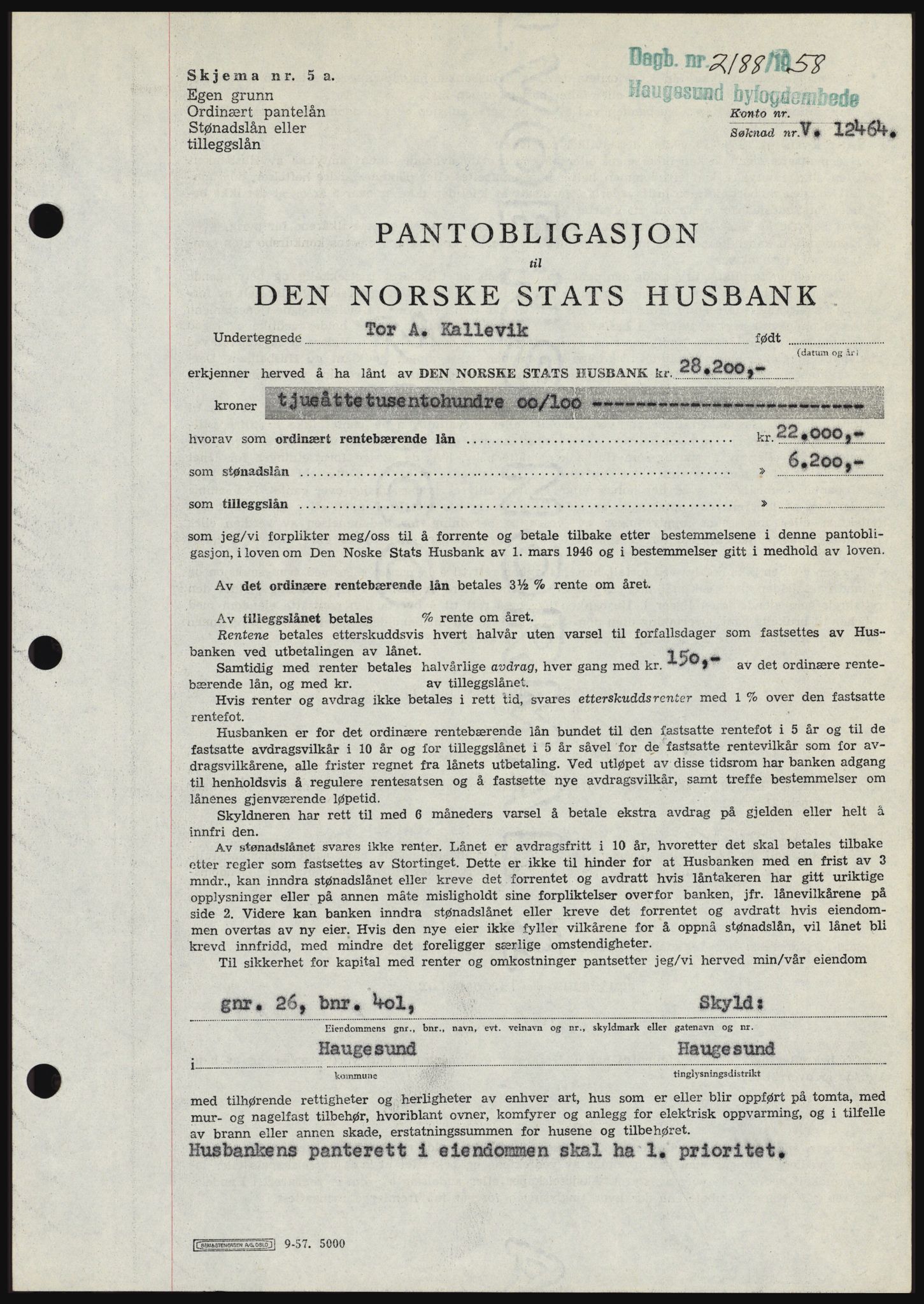 Haugesund tingrett, SAST/A-101415/01/II/IIC/L0044: Mortgage book no. B 44, 1958-1959, Diary no: : 2188/1958