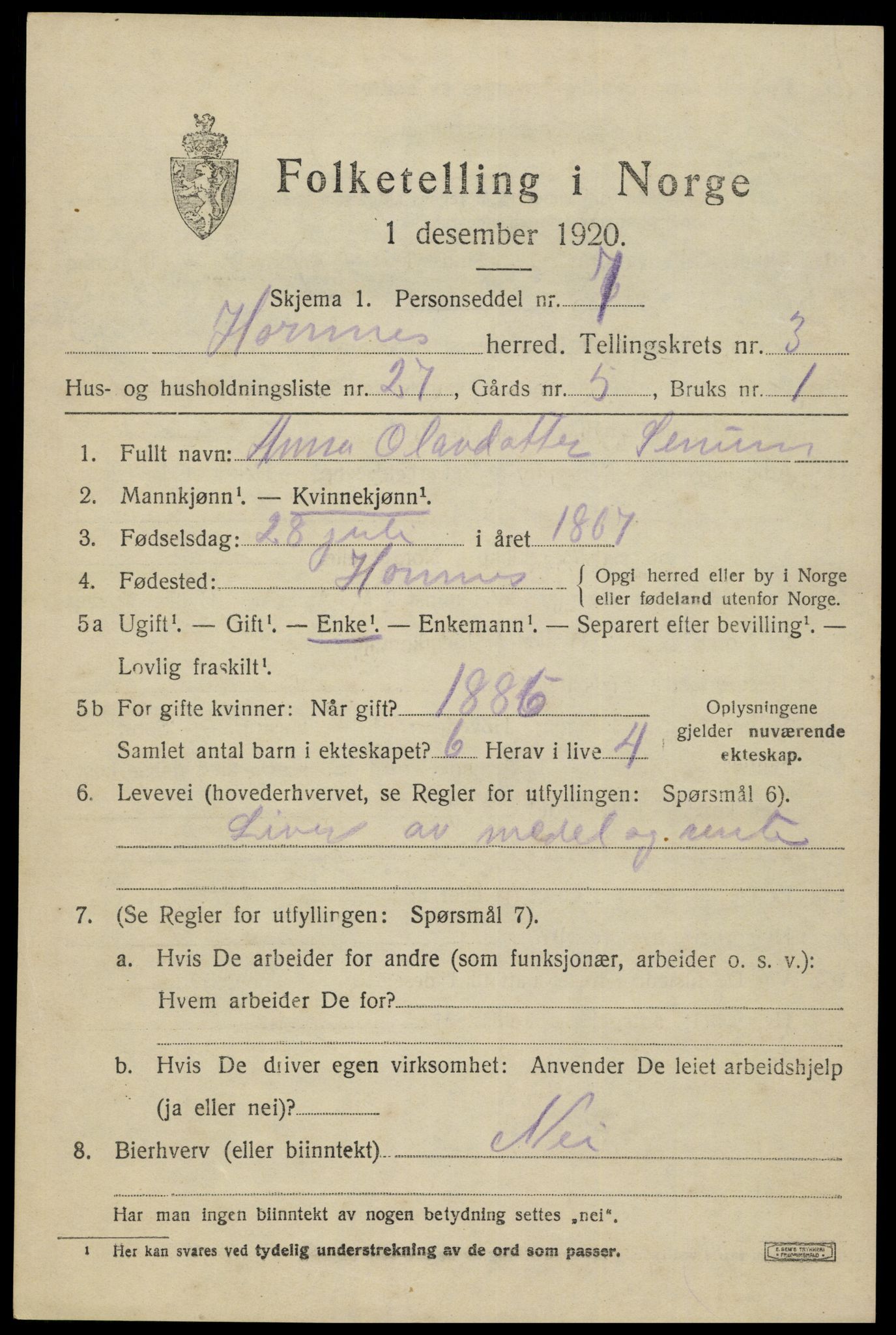 SAK, 1920 census for Hornnes, 1920, p. 1133