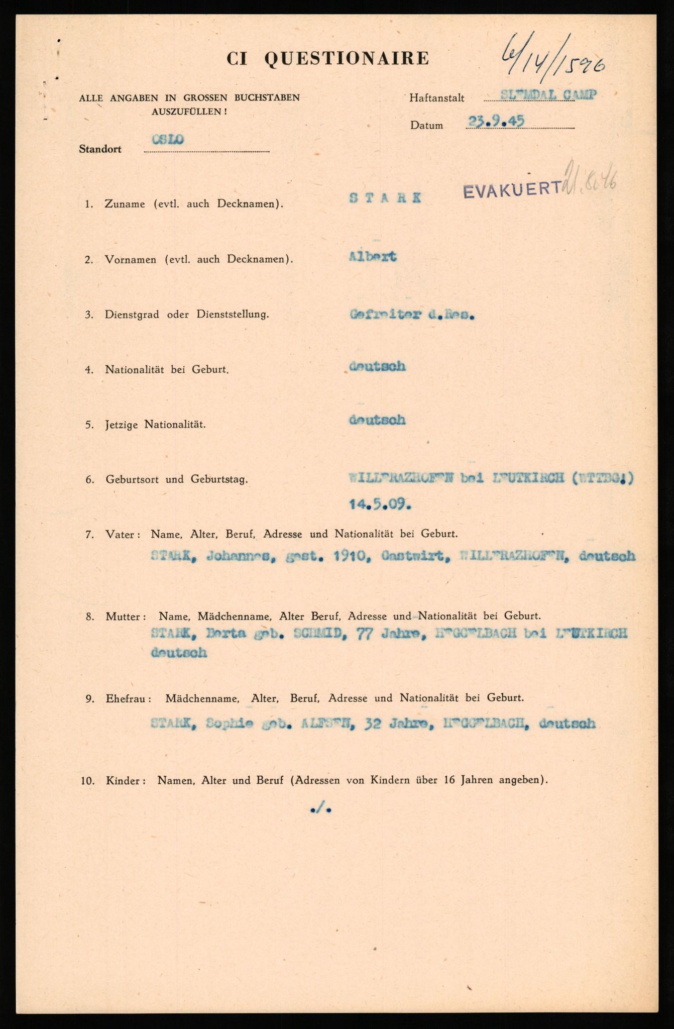 Forsvaret, Forsvarets overkommando II, RA/RAFA-3915/D/Db/L0032: CI Questionaires. Tyske okkupasjonsstyrker i Norge. Tyskere., 1945-1946, p. 318