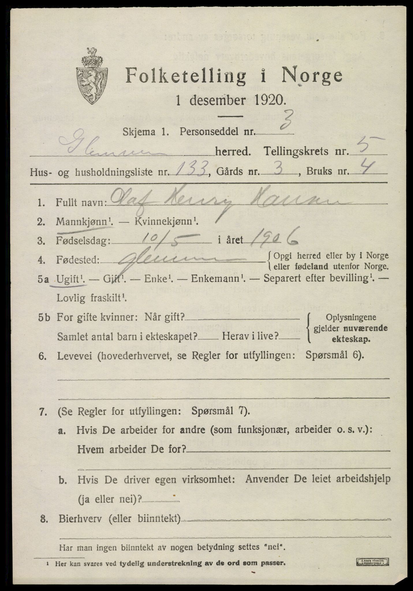 SAO, 1920 census for Glemmen, 1920, p. 18537