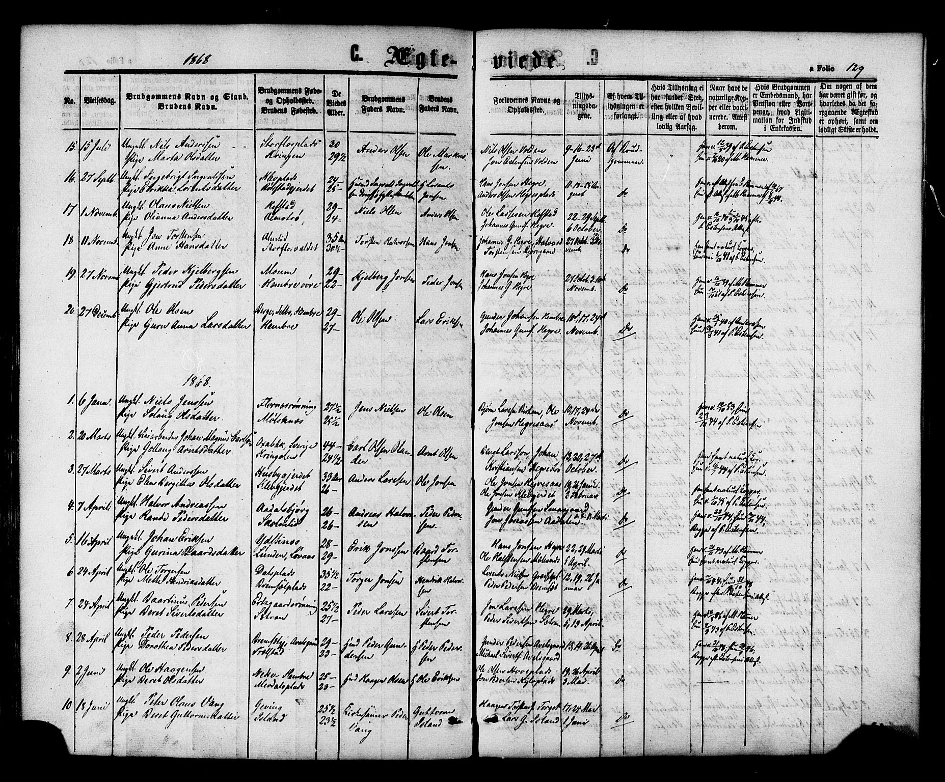 Ministerialprotokoller, klokkerbøker og fødselsregistre - Nord-Trøndelag, SAT/A-1458/703/L0029: Parish register (official) no. 703A02, 1863-1879, p. 129