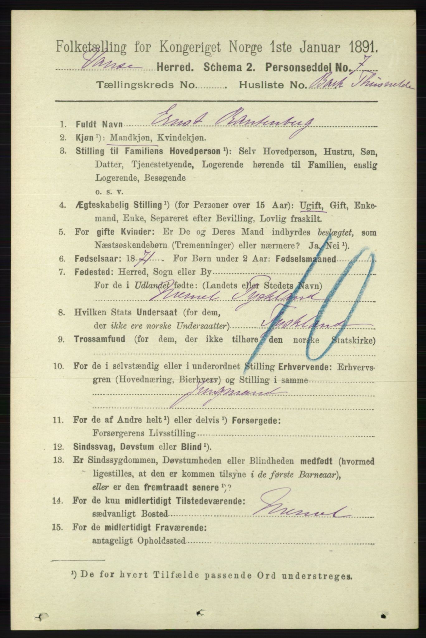 RA, 1891 census for 1041 Vanse, 1891, p. 7798