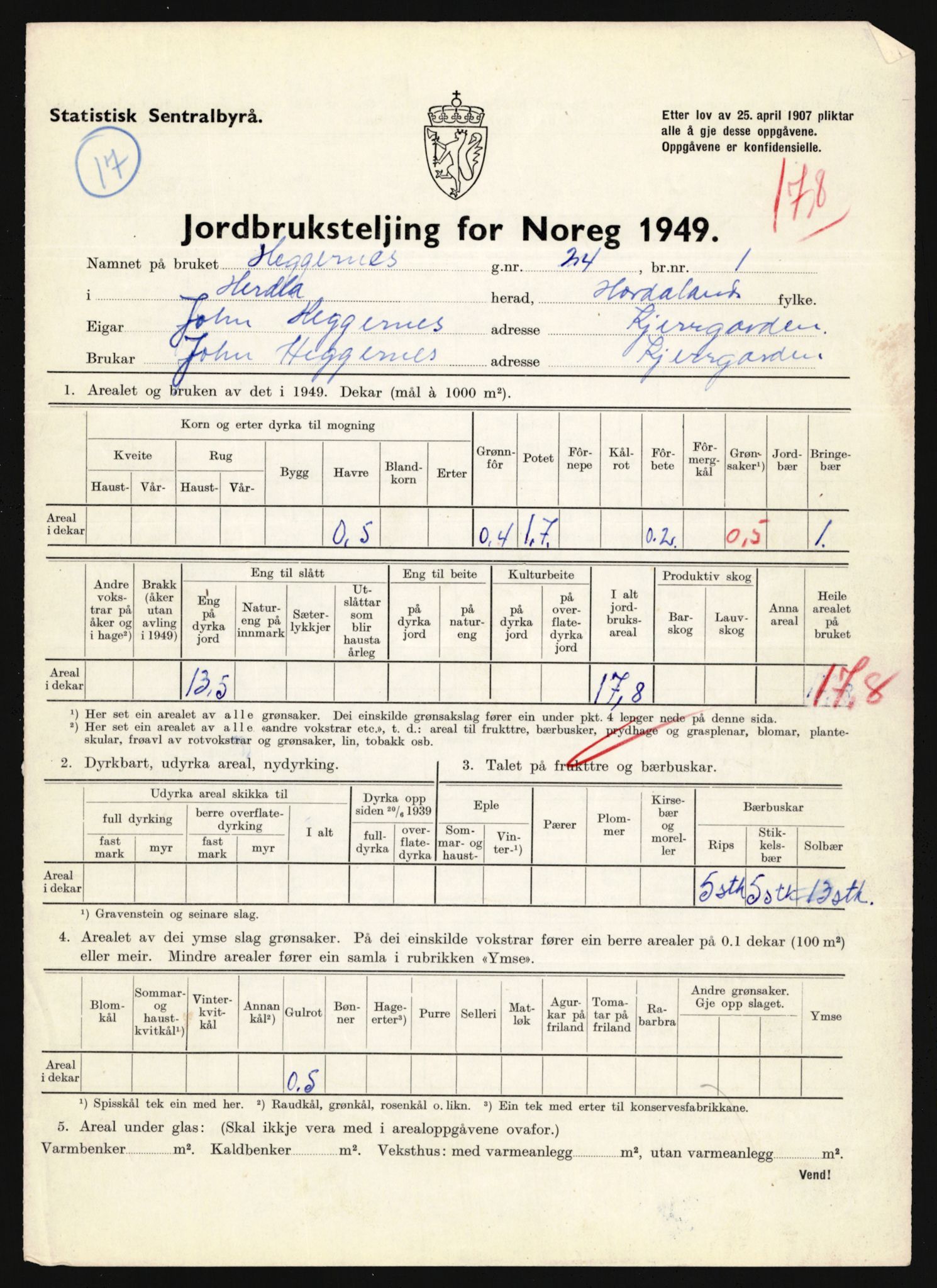 Statistisk sentralbyrå, Næringsøkonomiske emner, Jordbruk, skogbruk, jakt, fiske og fangst, AV/RA-S-2234/G/Gc/L0276: Hordaland: Herdla og Hjelme, 1949, p. 374