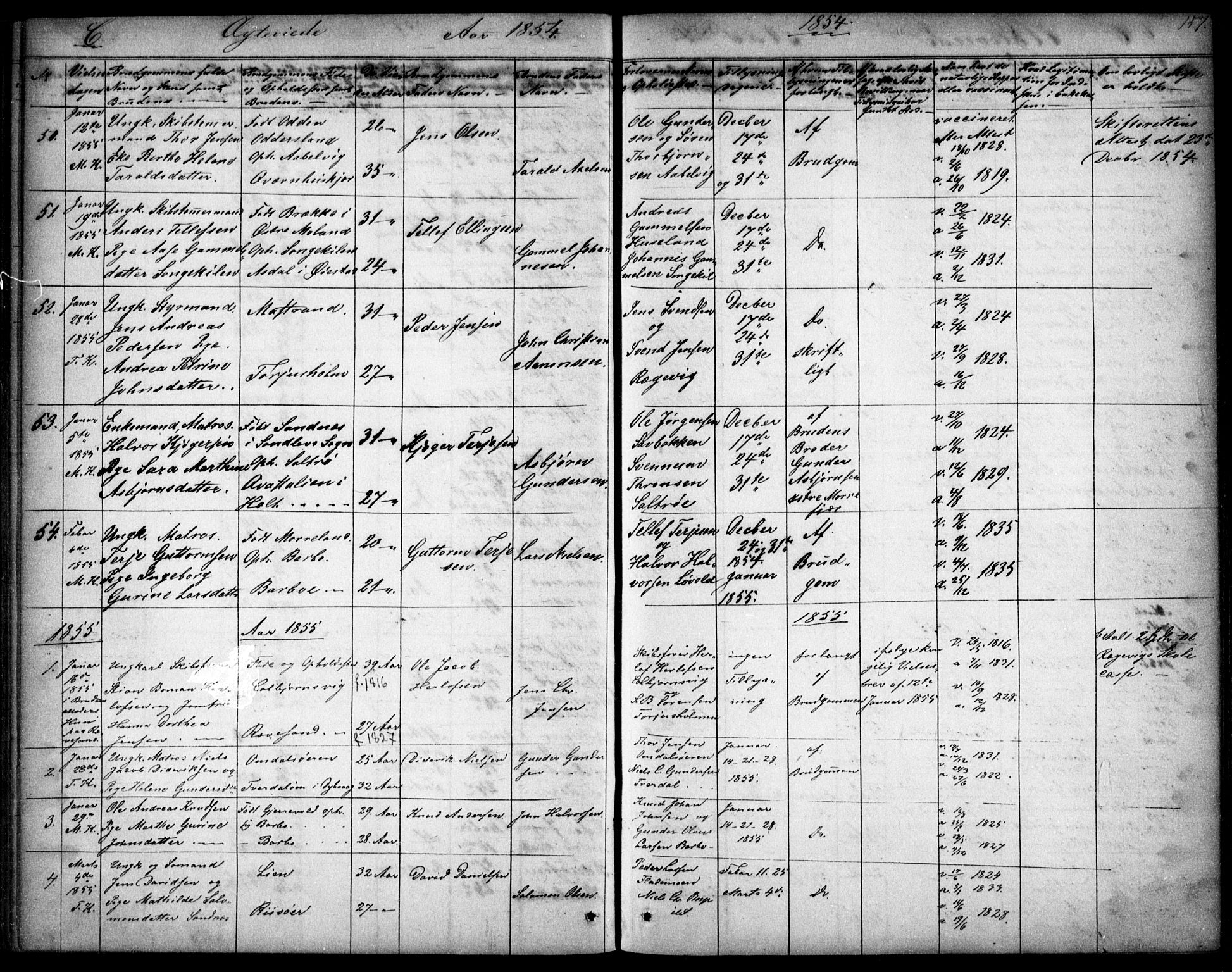 Tromøy sokneprestkontor, AV/SAK-1111-0041/F/Fb/L0002: Parish register (copy) no. B 2, 1851-1858, p. 157