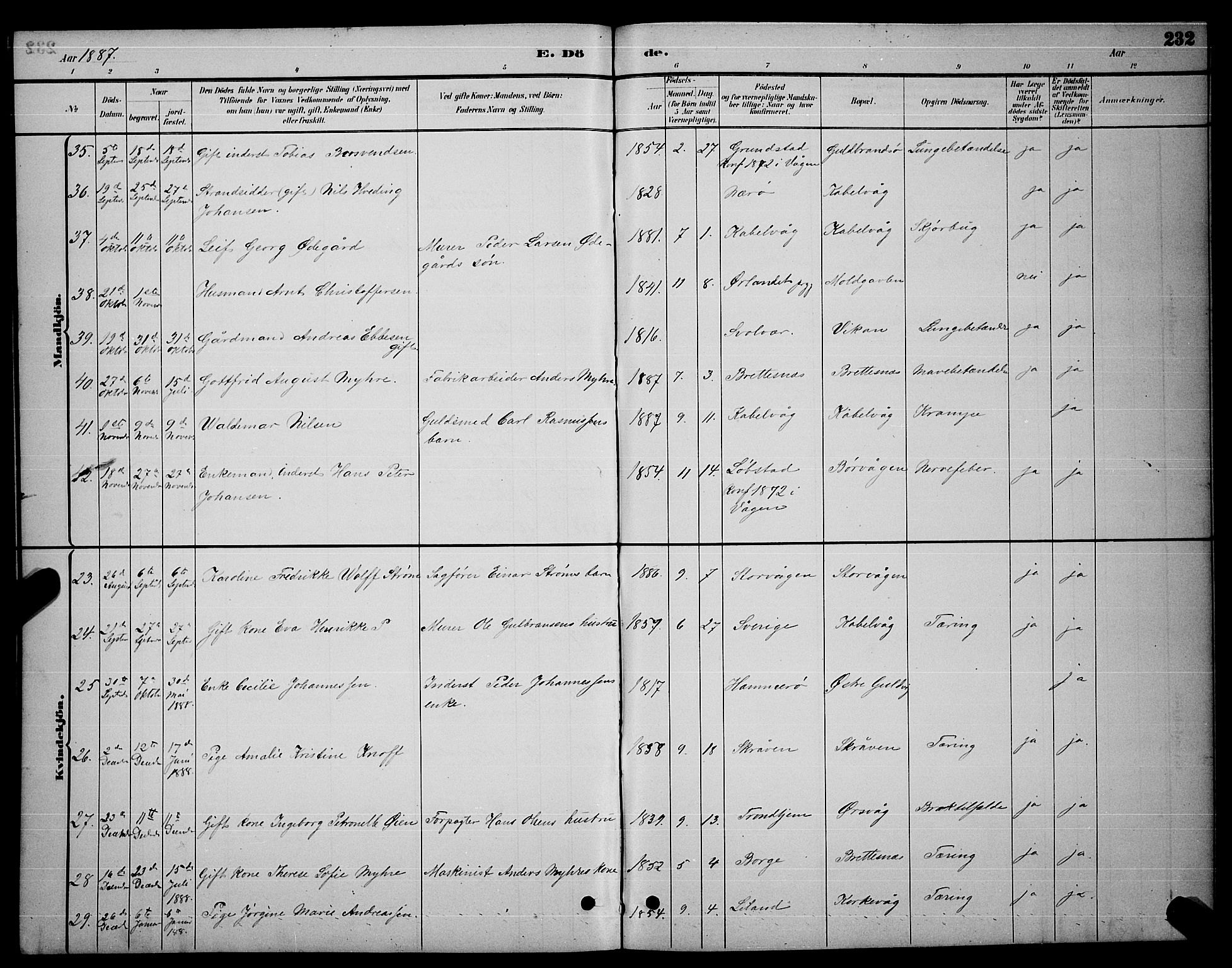 Ministerialprotokoller, klokkerbøker og fødselsregistre - Nordland, AV/SAT-A-1459/874/L1076: Parish register (copy) no. 874C05, 1884-1890, p. 232