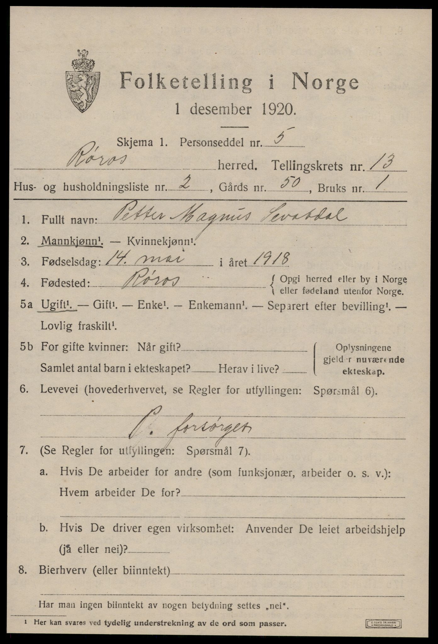 SAT, 1920 census for Røros, 1920, p. 9384